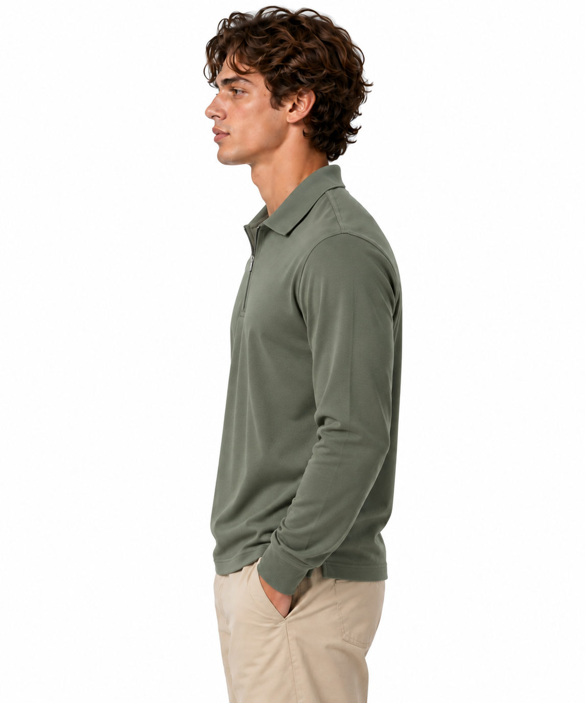 Lifestyle illustration of a half-zip polo shirt design in olive