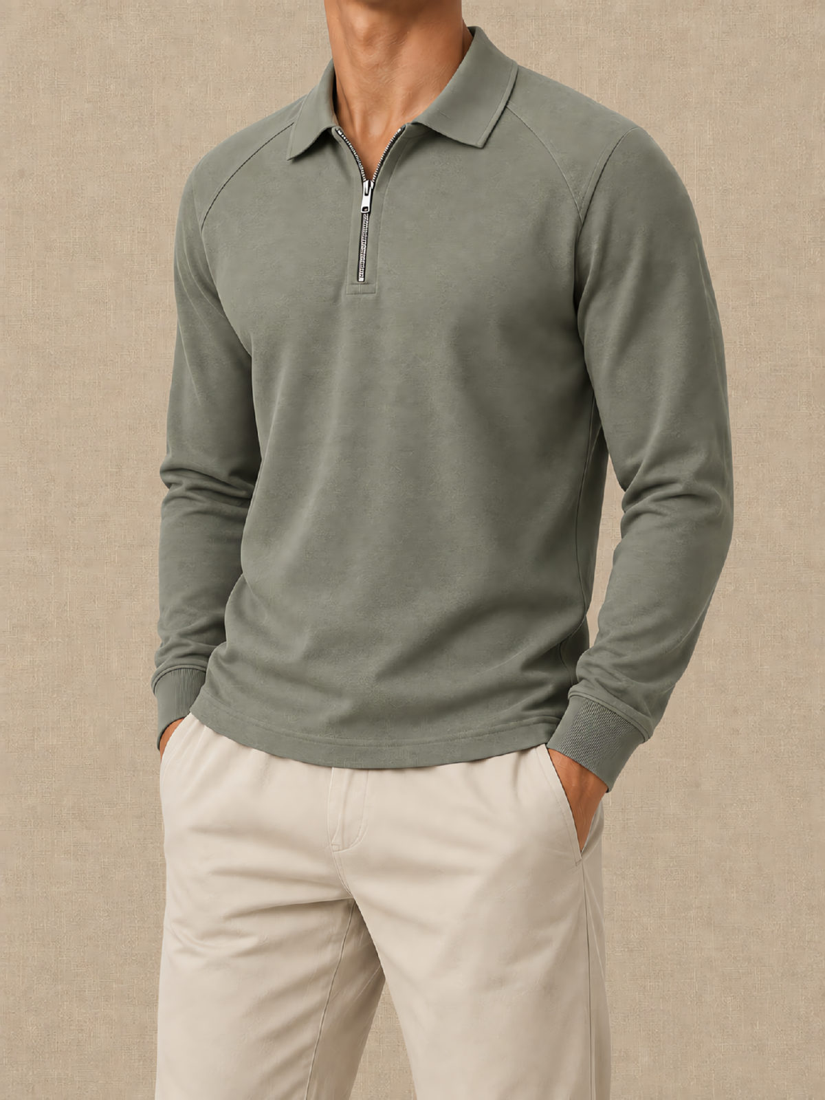 Half-Zip Polo Shirt in olive — worn on model