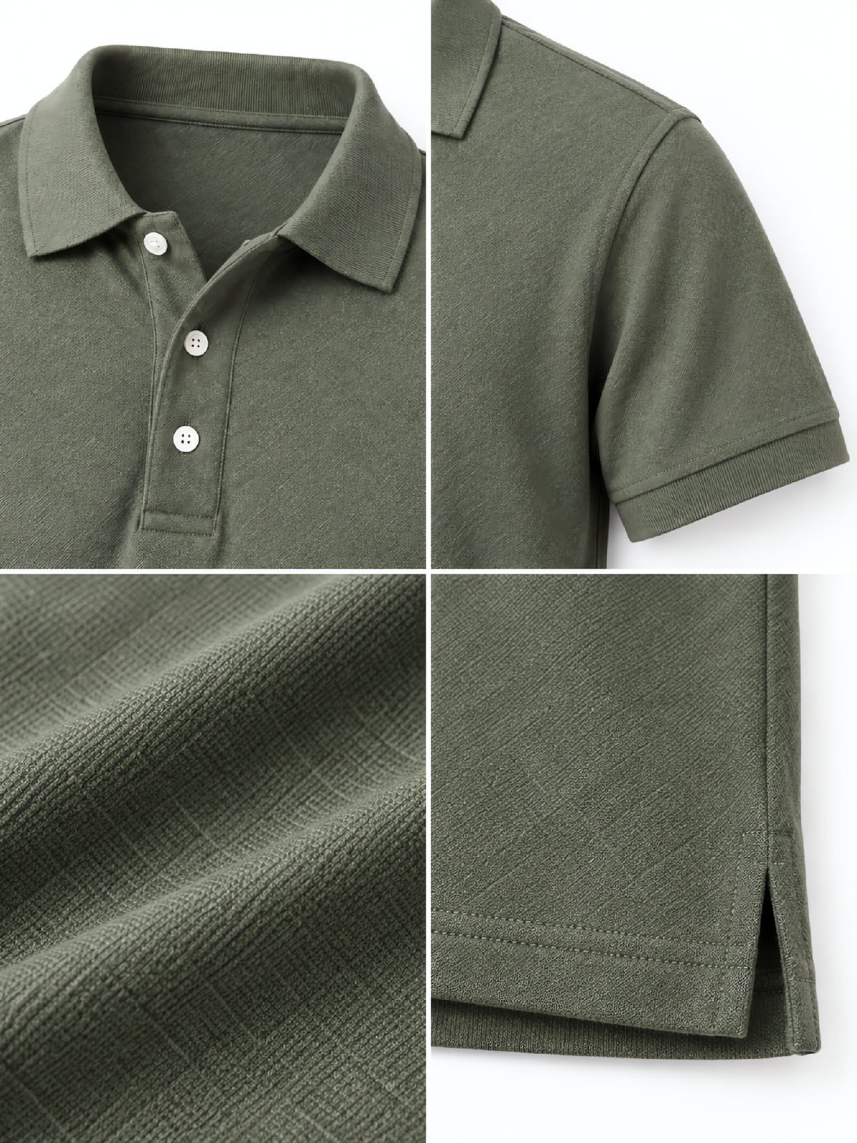 Heathered Polo Shirt in olive — fabric and construction detail
