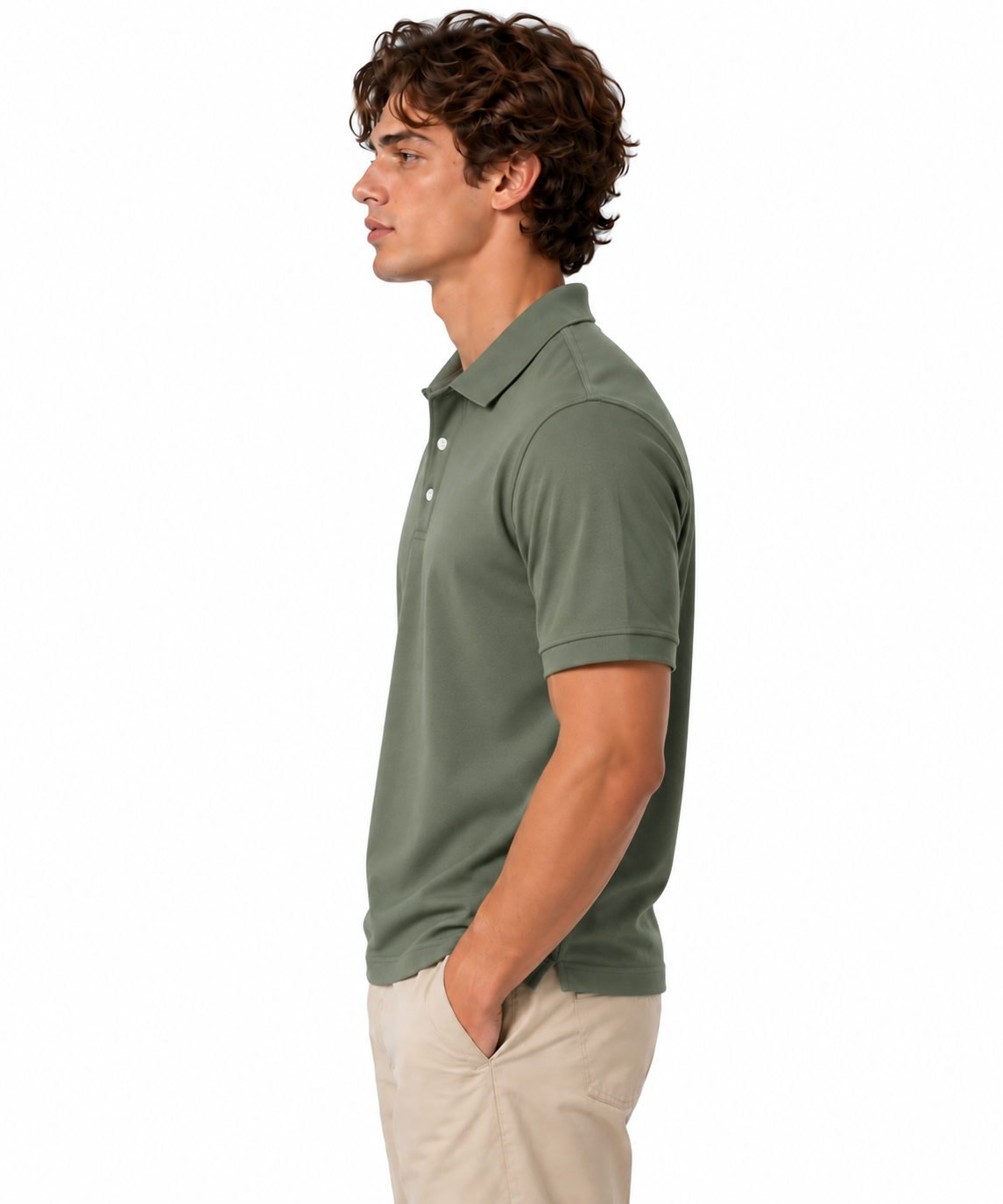 Lifestyle illustration of a heathered polo shirt design in olive