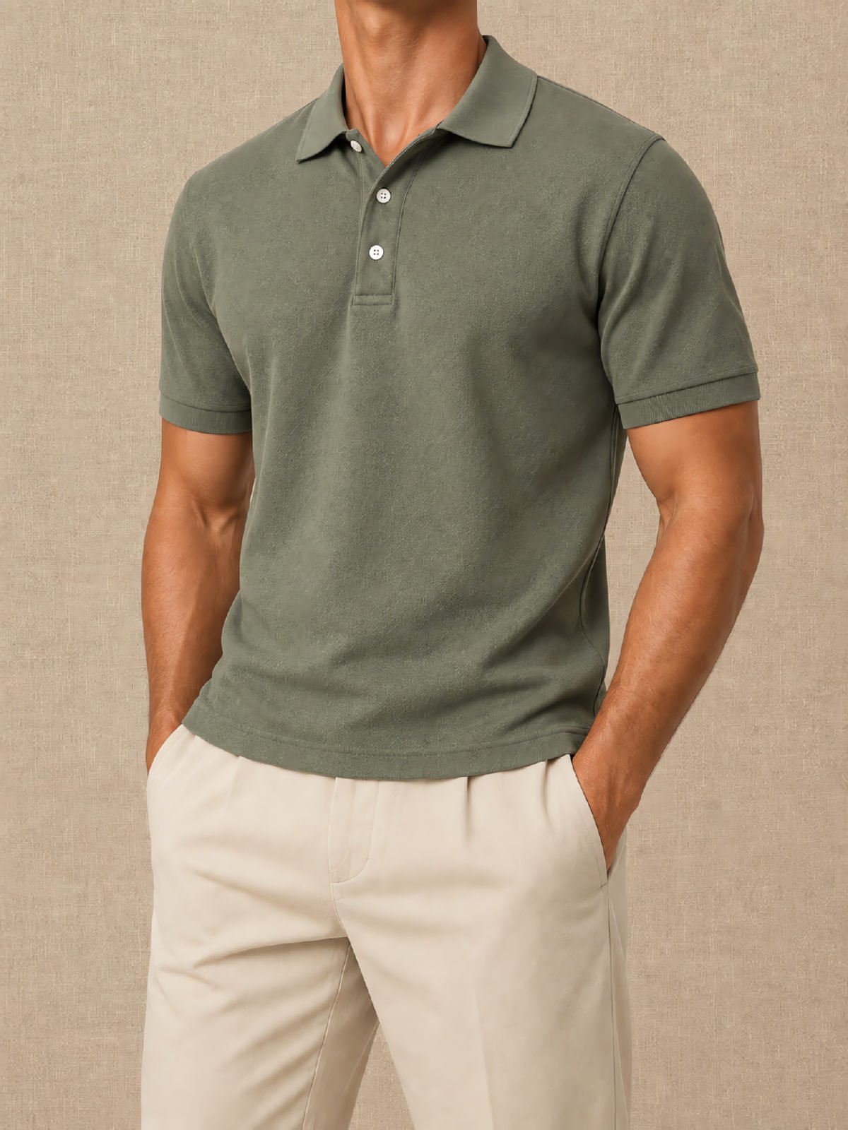 Heathered Polo Shirt in olive — worn on model