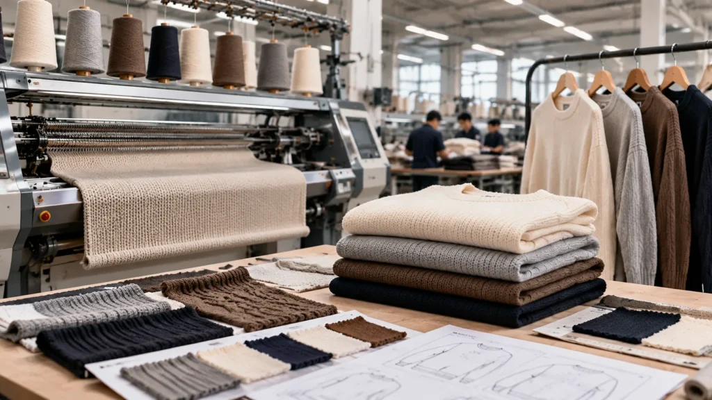 Modern knitwear manufacturing factory with knitting machines and finished sweaters