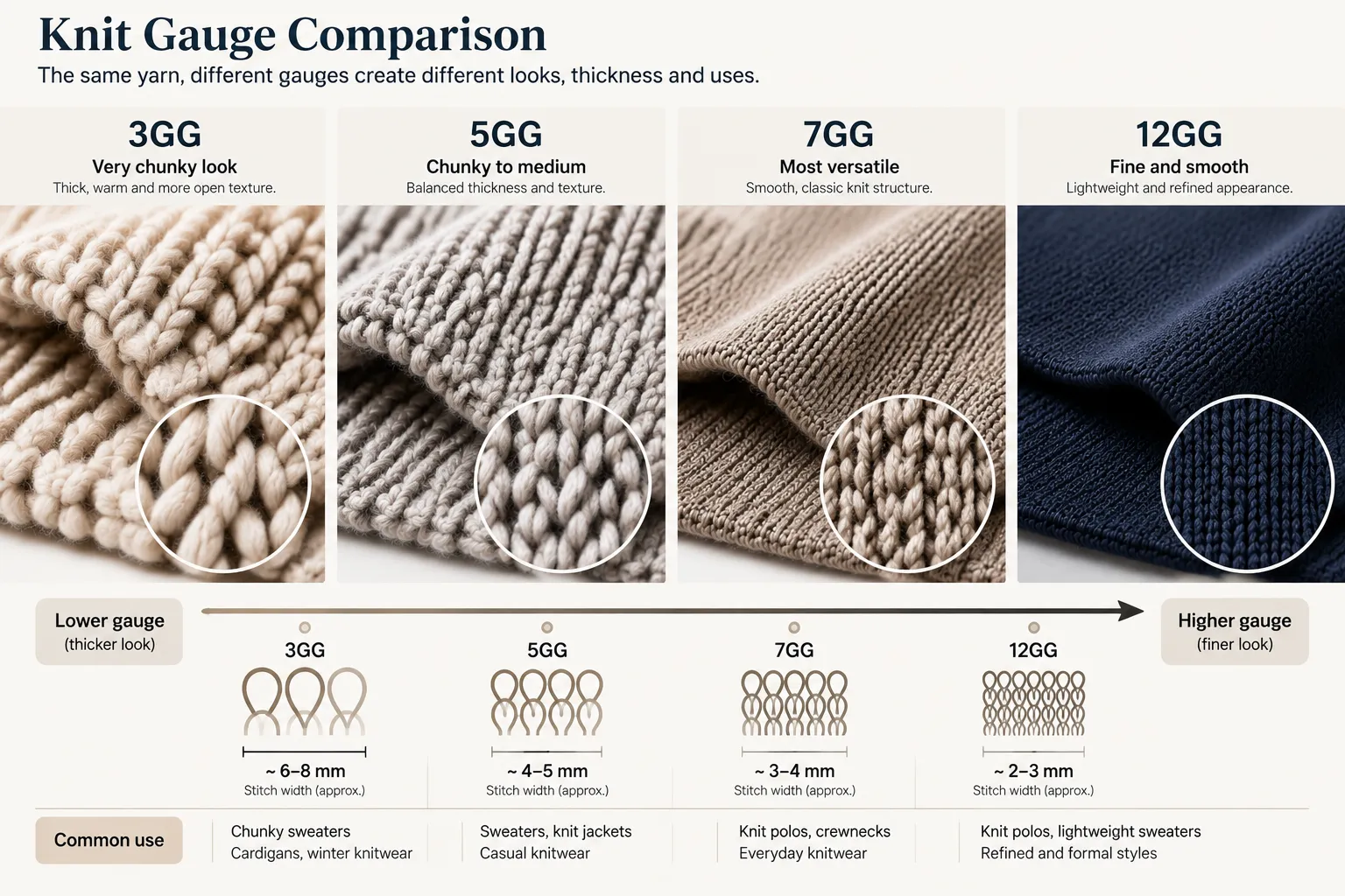 Knit gauge comparison from 3GG to 12GG showing different knit textures and stitch widths