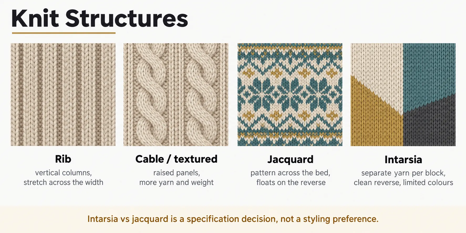 Rib, cable, jacquard and intarsia knit structures compared