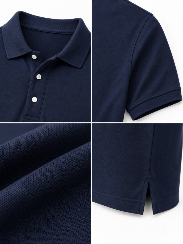 Four-panel detail view of a navy piqué polo showing the collar and placket, sleeve, knit surface and side vent