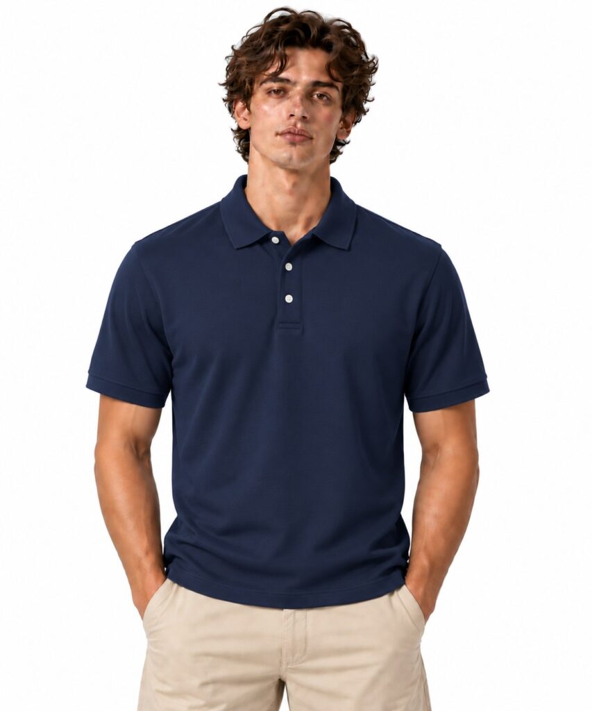 Navy blank polo shirt worn by a model, front view