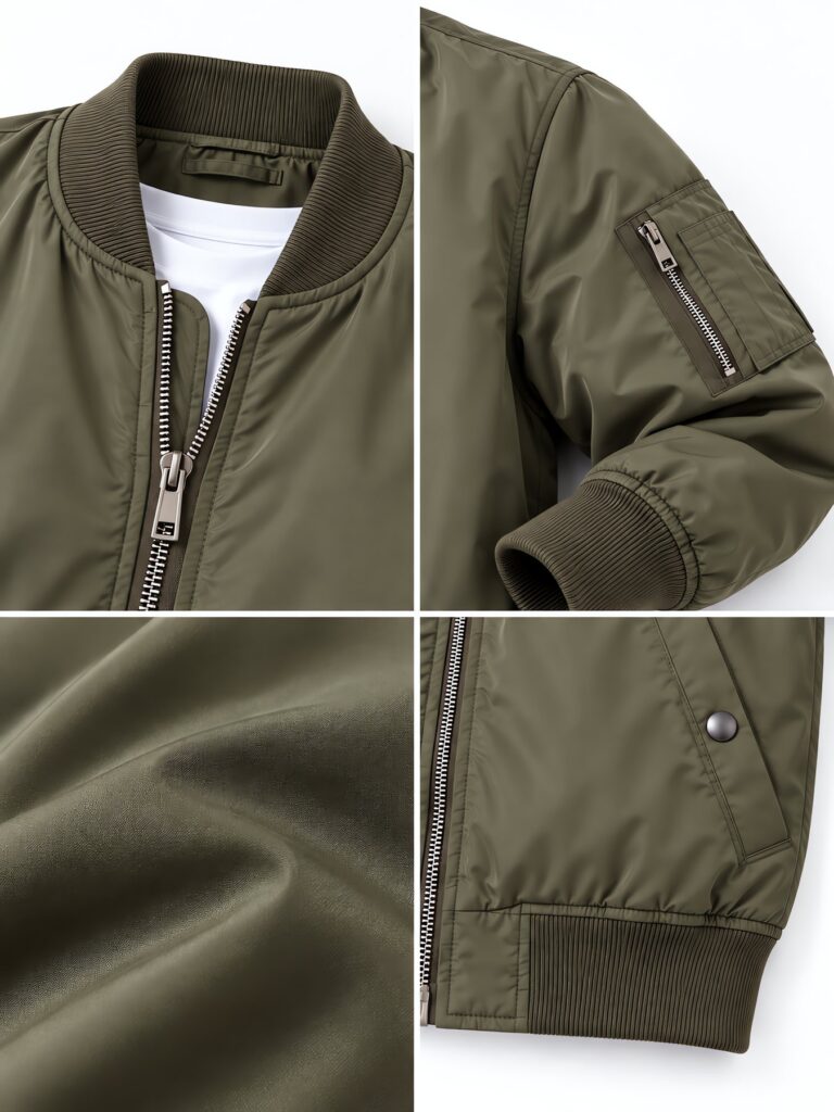 Bomber jacket construction detail showing rib collar, zip front, sleeve utility pocket, shell texture and rib hem with a snap