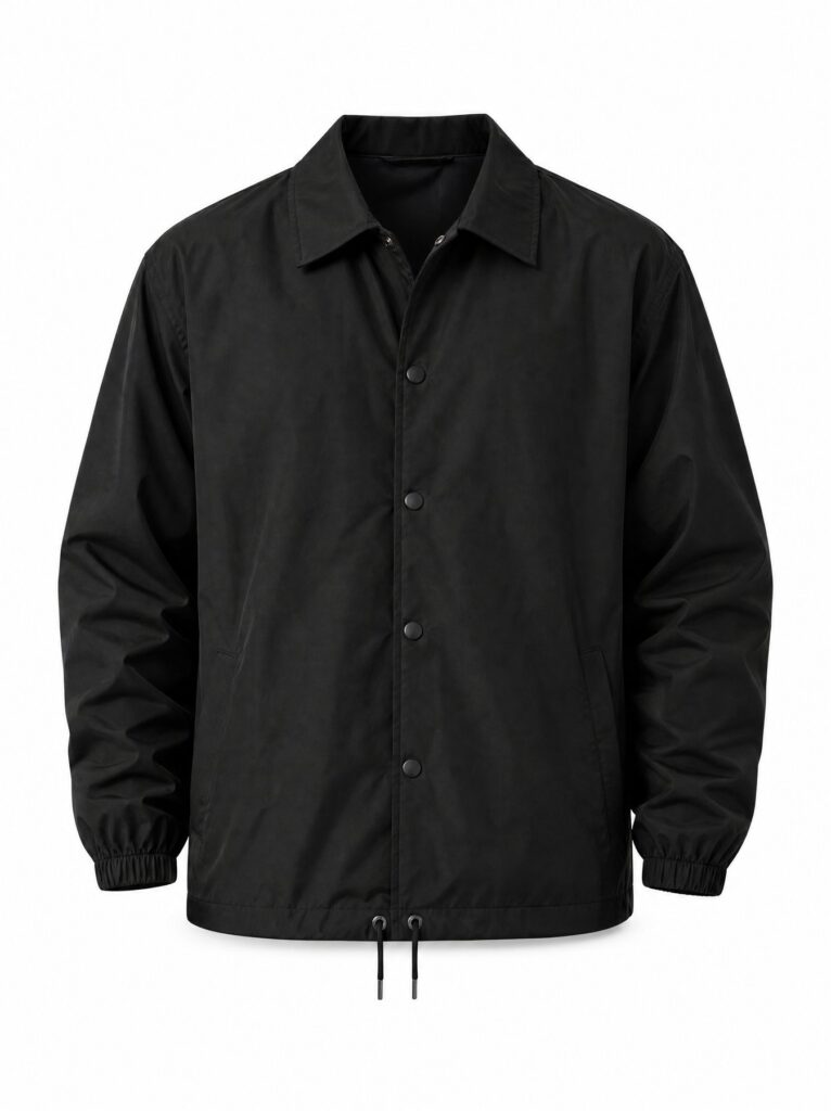 Black coach jacket with a pointed collar, snap front placket, elasticated cuffs and a drawcord hem