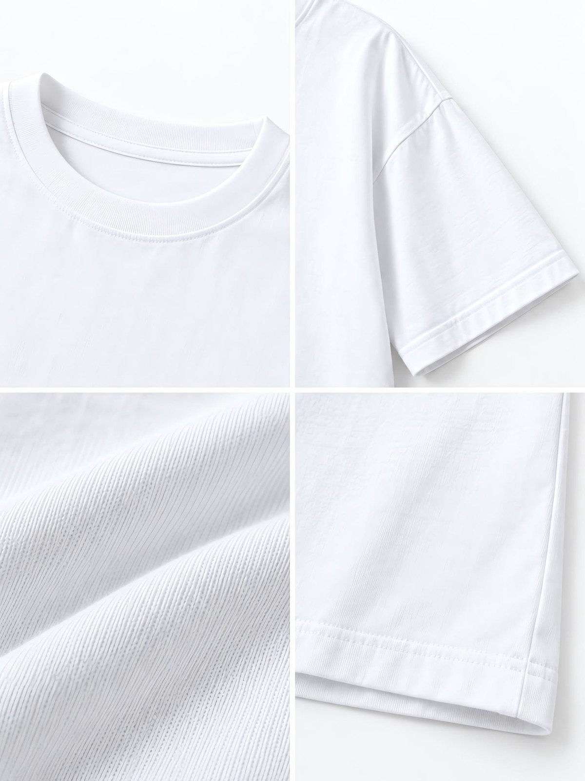 Cotton T-shirt detail showing collar rib, sleeve seam, fabric texture and hem stitching