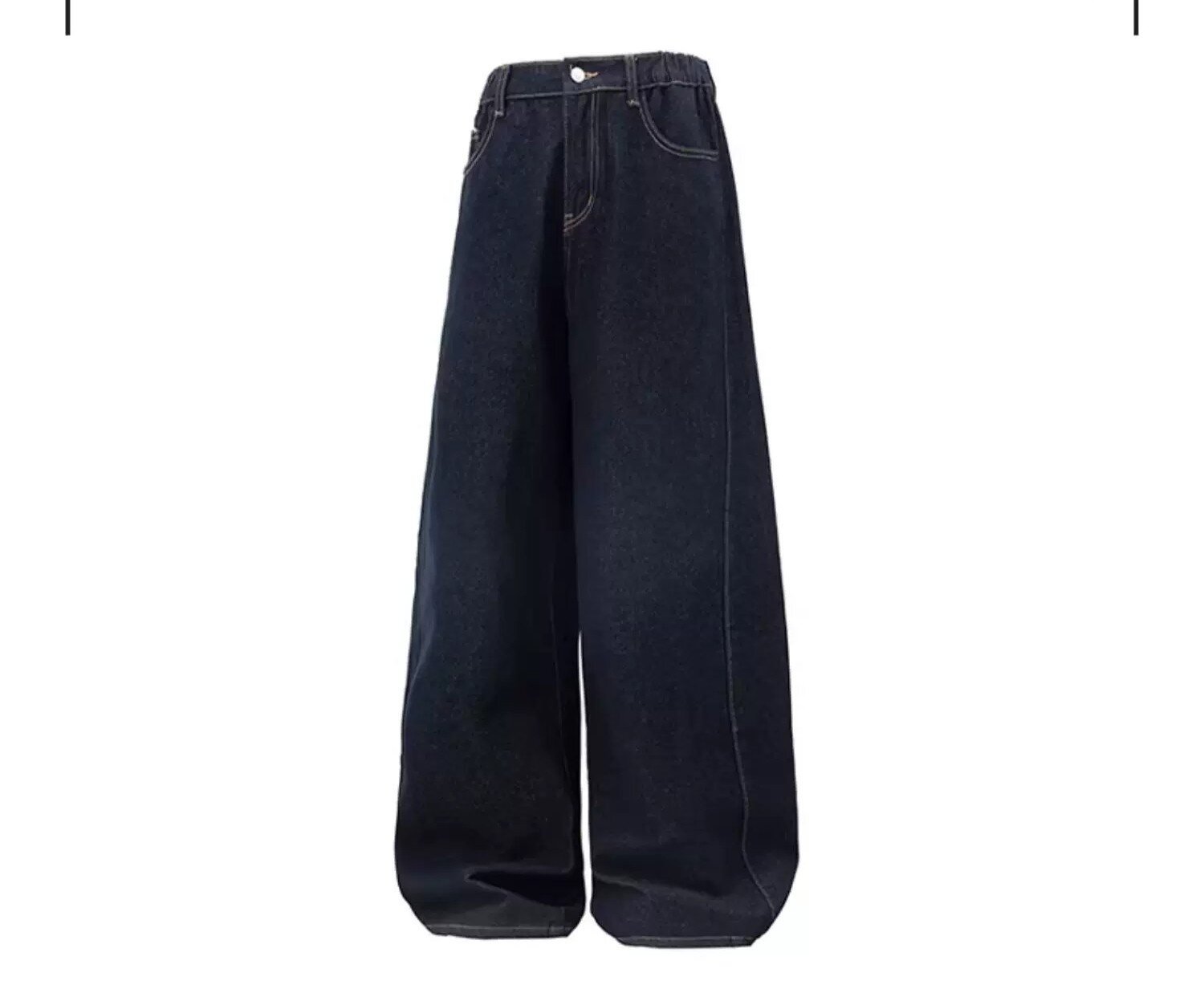 Wide-leg dark indigo jeans, full front view on plain background