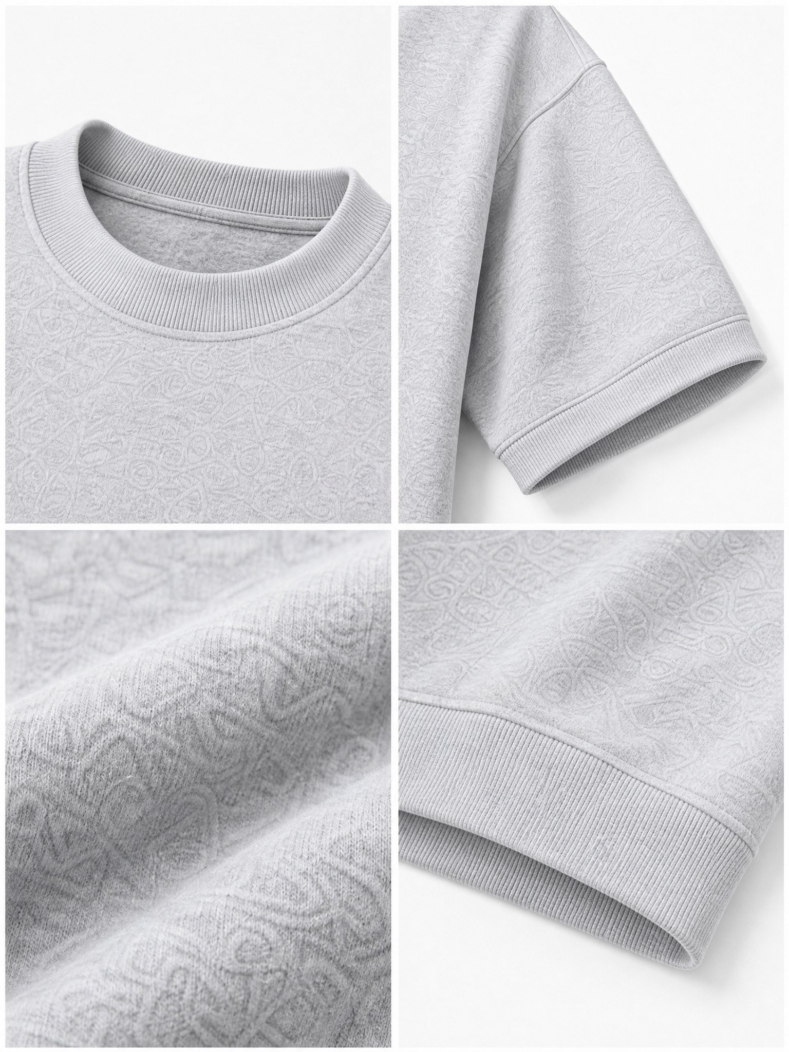 Heather grey boxy T-shirt detail showing ribbed collar, cuff and hem construction