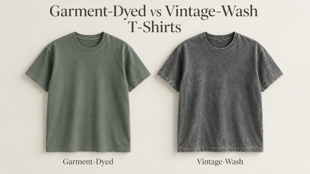 Garment-dyed and vintage-wash T-shirts compared side by side
