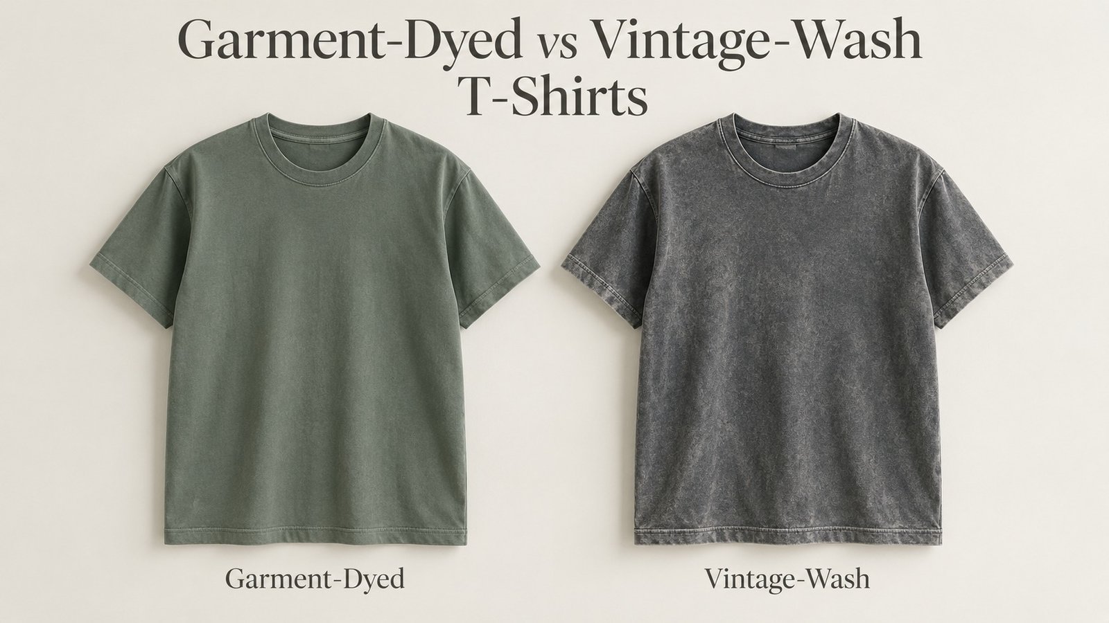 Garment-dyed and vintage-wash T-shirts compared side by side