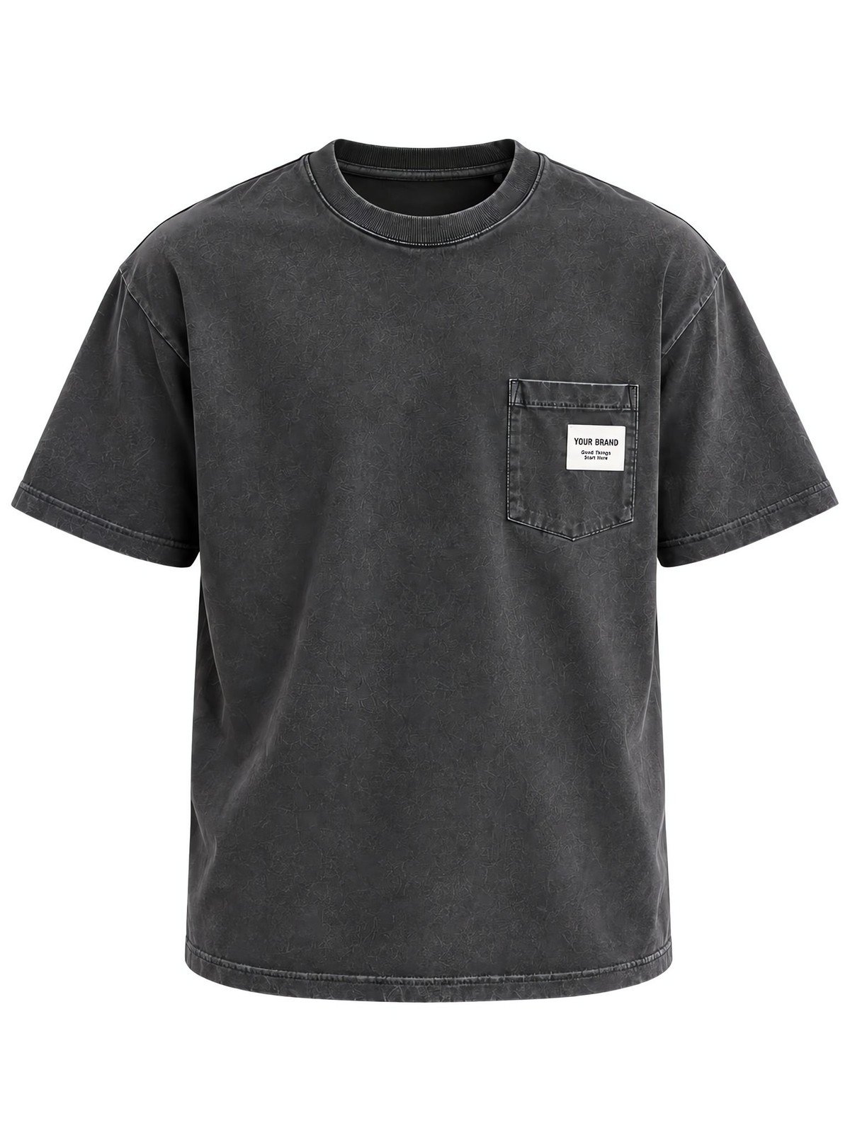 Charcoal pocket T-shirt with a custom woven label stitched onto the chest pocket