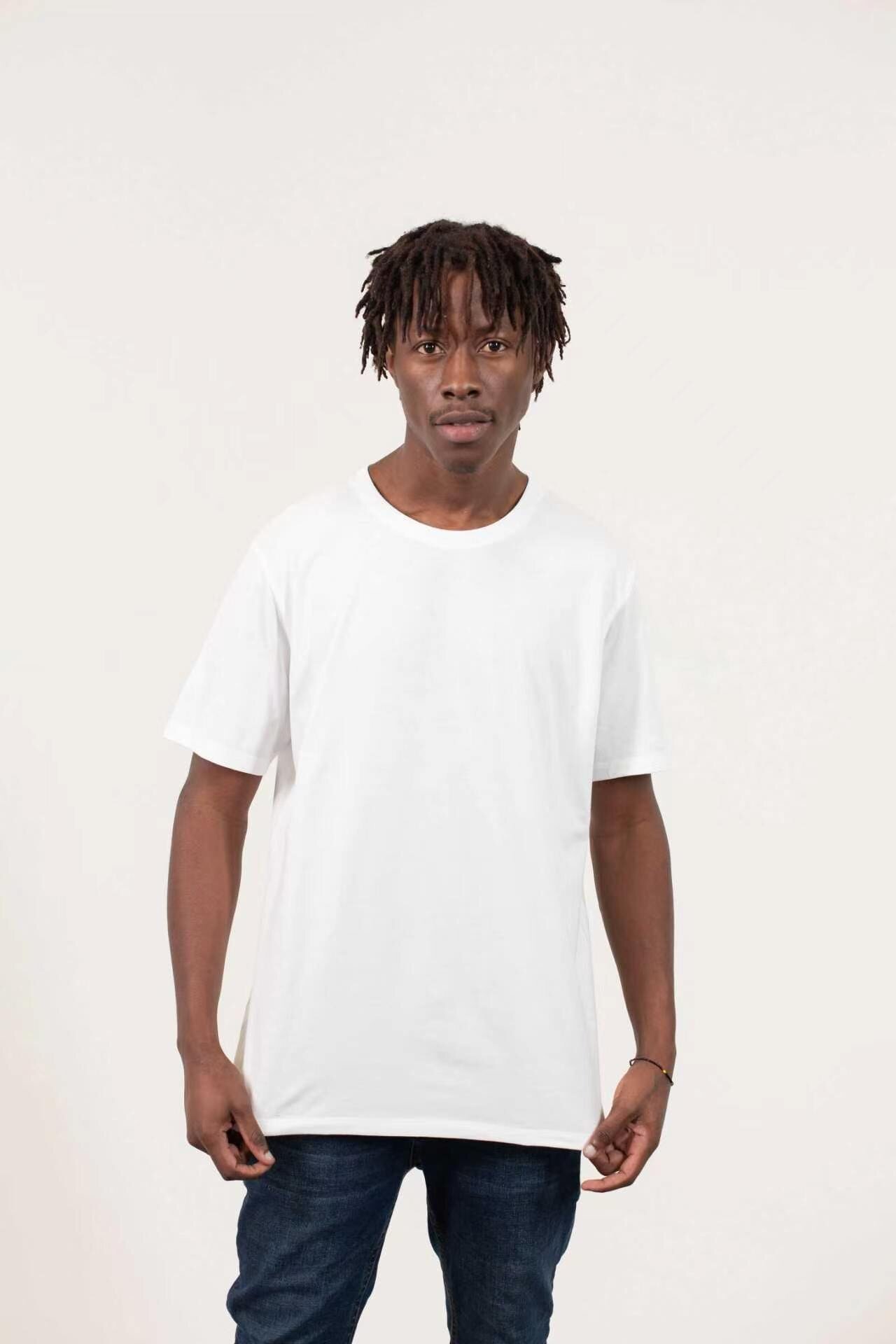 Men's plain white crew-neck t-shirt, front view on model