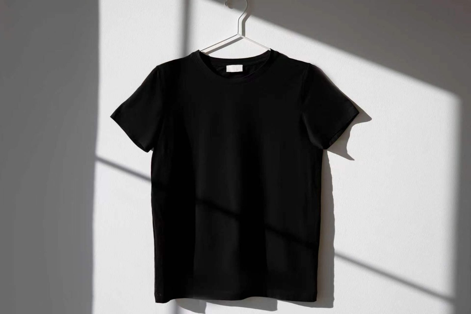 Black crew-neck t-shirt on a hanger lit by natural sunlight, fabric drape detail
