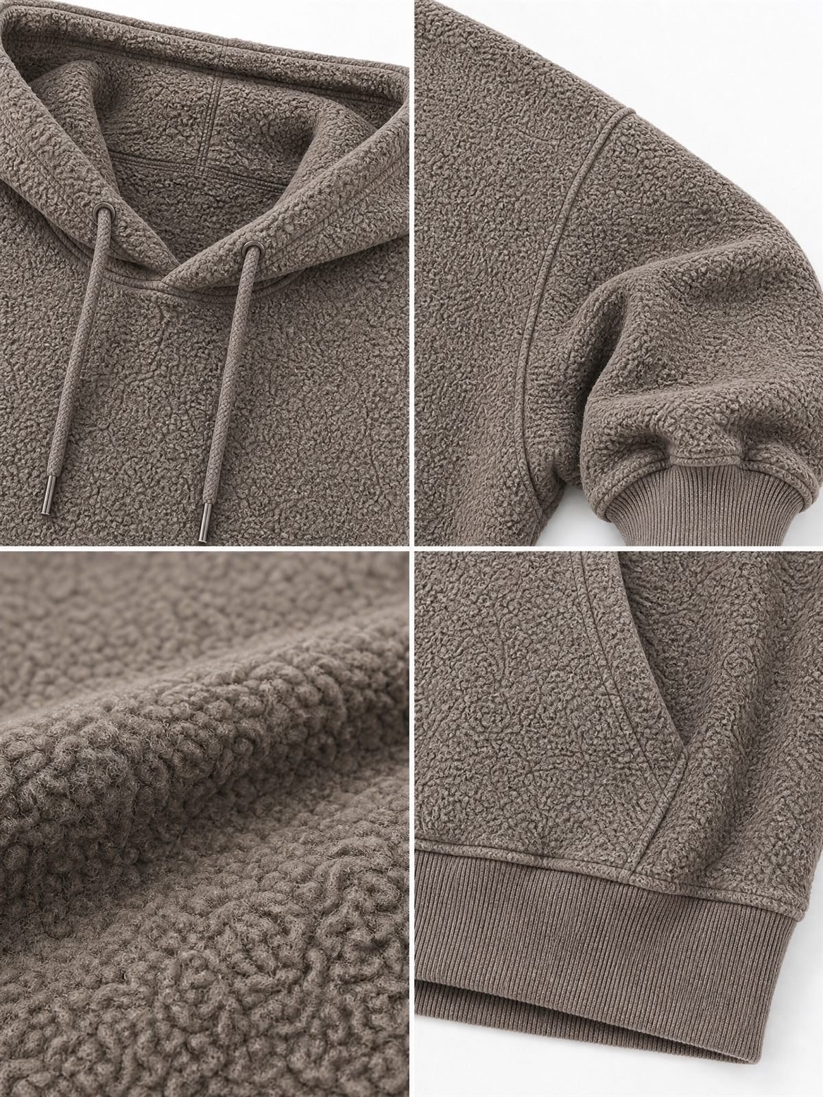 Oversized Fleece Hoodie in taupe — fabric and construction detail
