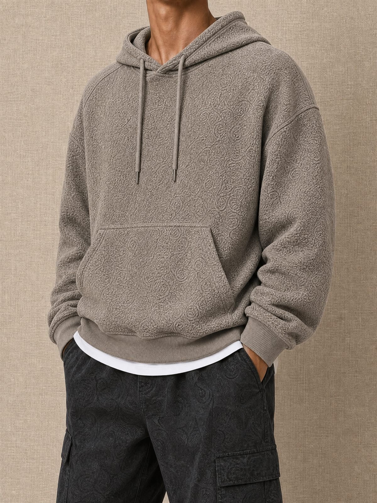 Oversized Fleece Hoodie in taupe — worn on model