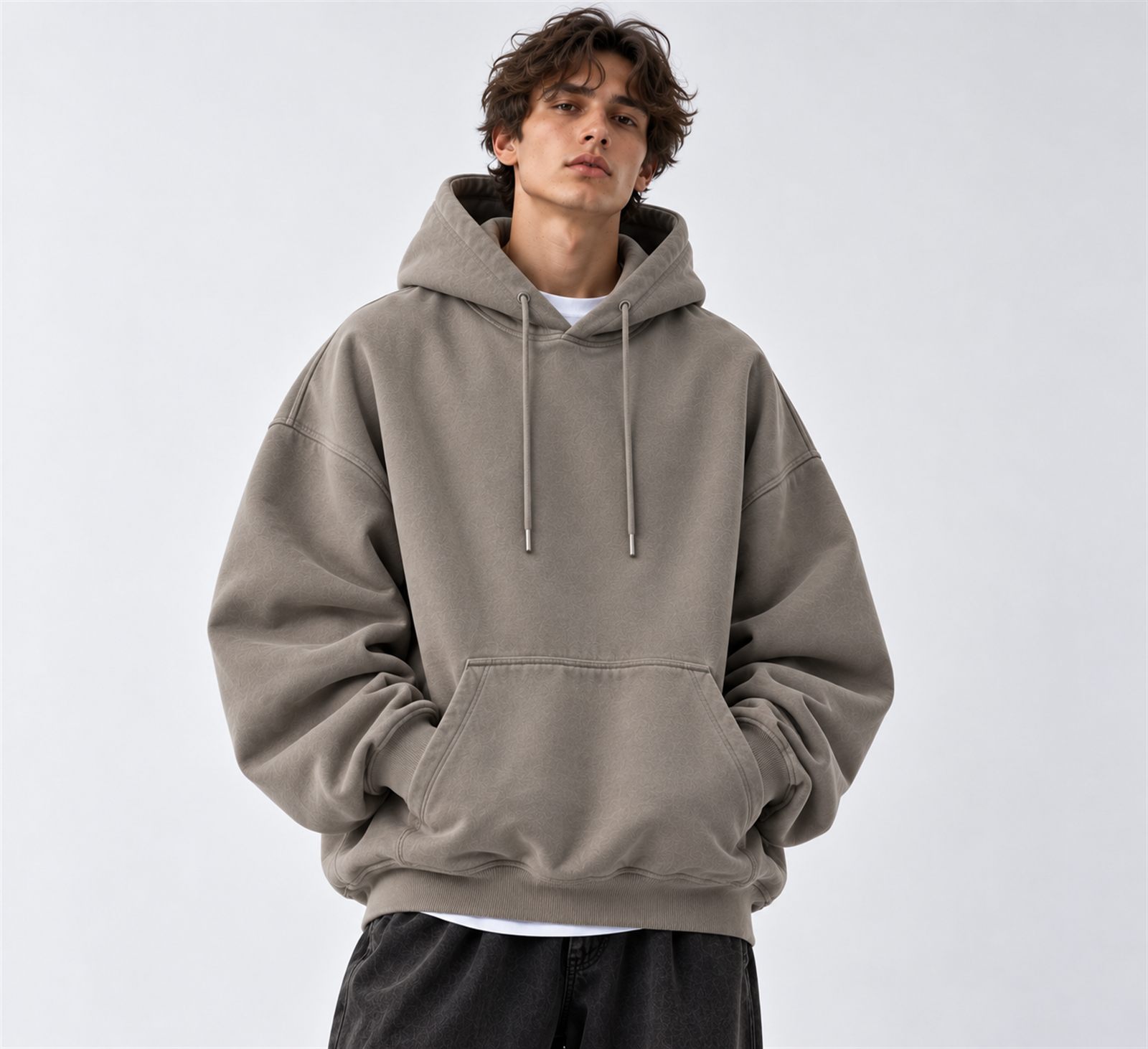 Greige Oversized Pullover Hoodie with Drop Shoulder, worn by a male model, front view