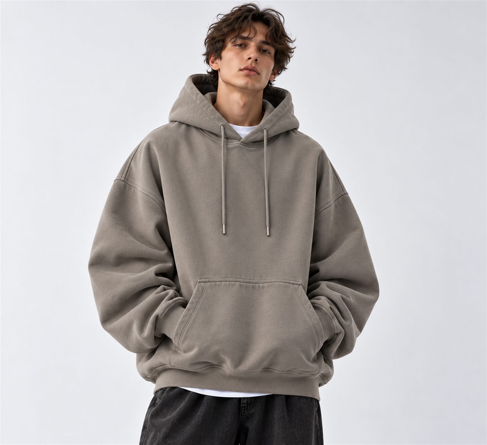 Lifestyle illustration of an oversized pullover hoodie design in greige