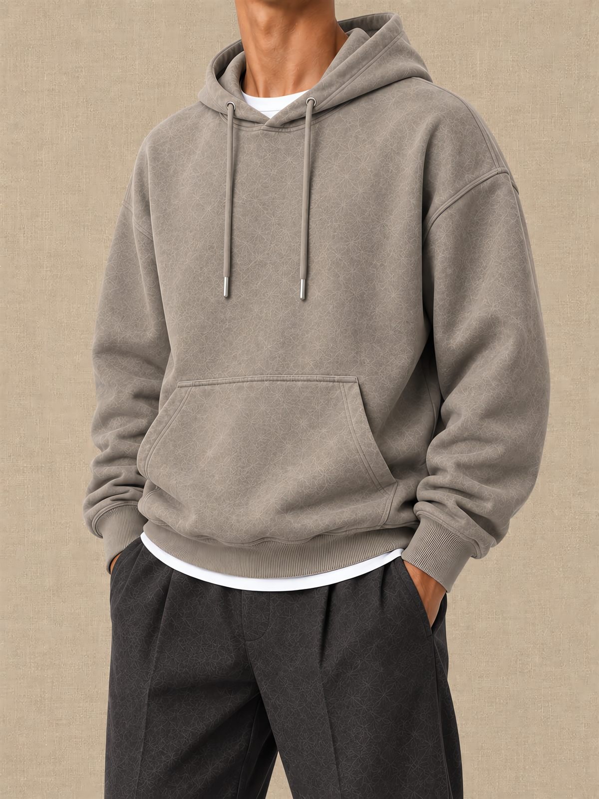 Oversized Pullover Hoodie in greige — worn on model