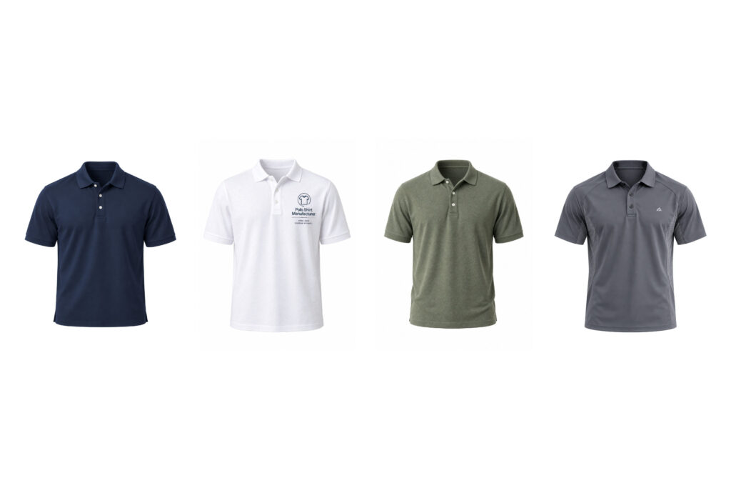 Four custom polo shirt styles: piqué polo, printed polo, heathered polo and golf performance polo