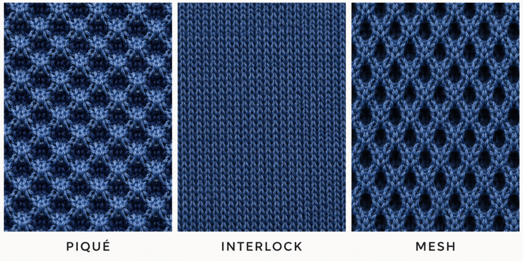 Illustration comparing piqué, interlock and mesh polo knit structures side by side