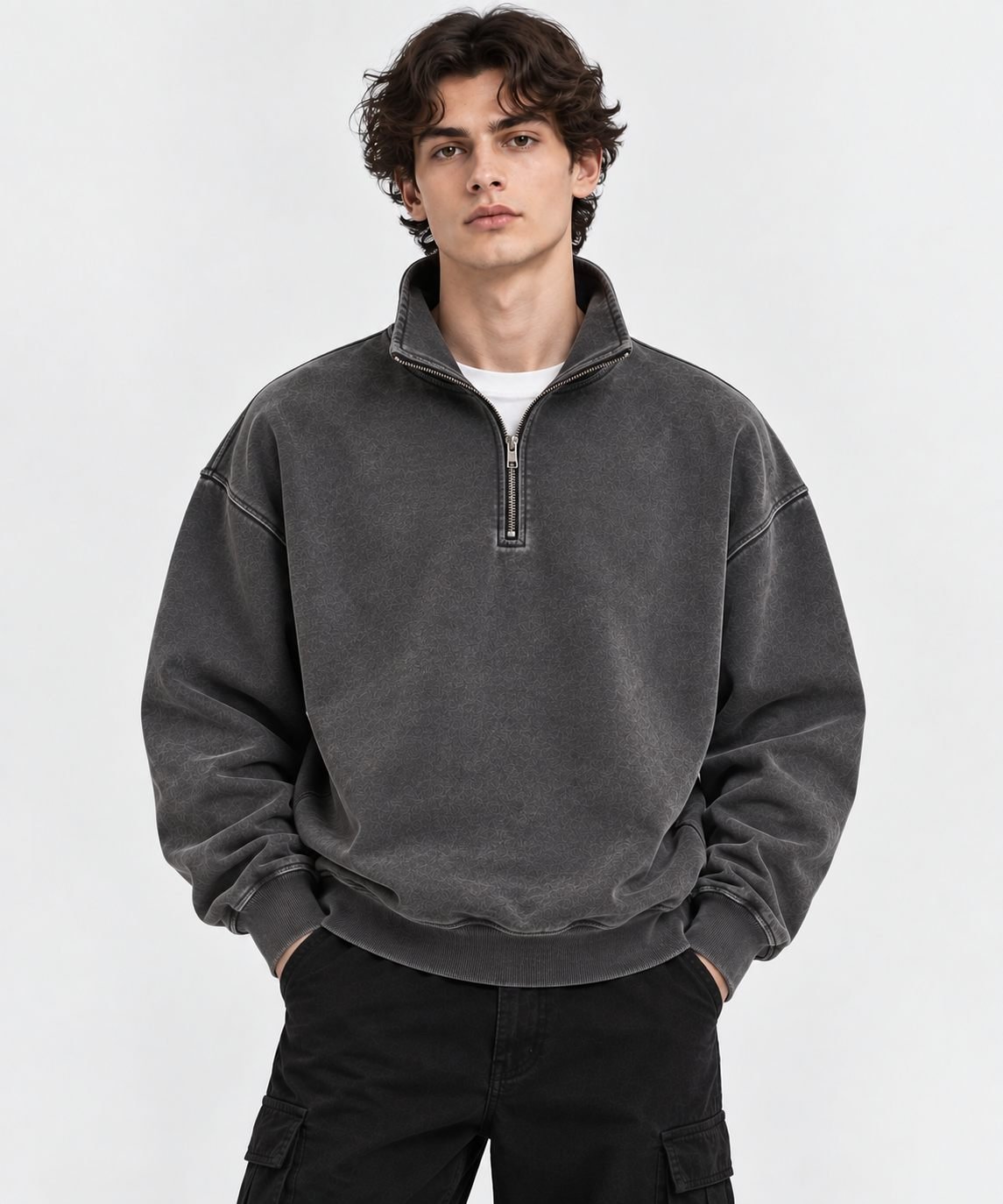 Lifestyle illustration of a quarter-zip sweatshirt design in washed charcoal