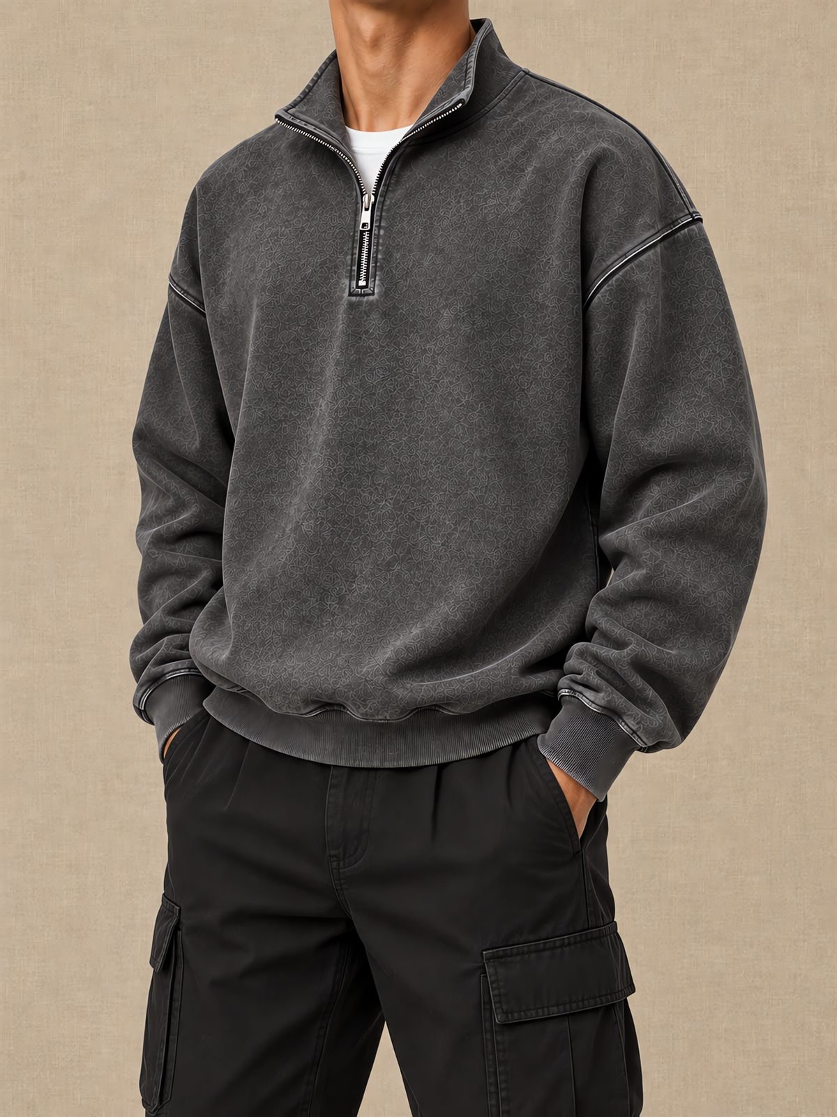Quarter-Zip Sweatshirt in washed charcoal — worn on model