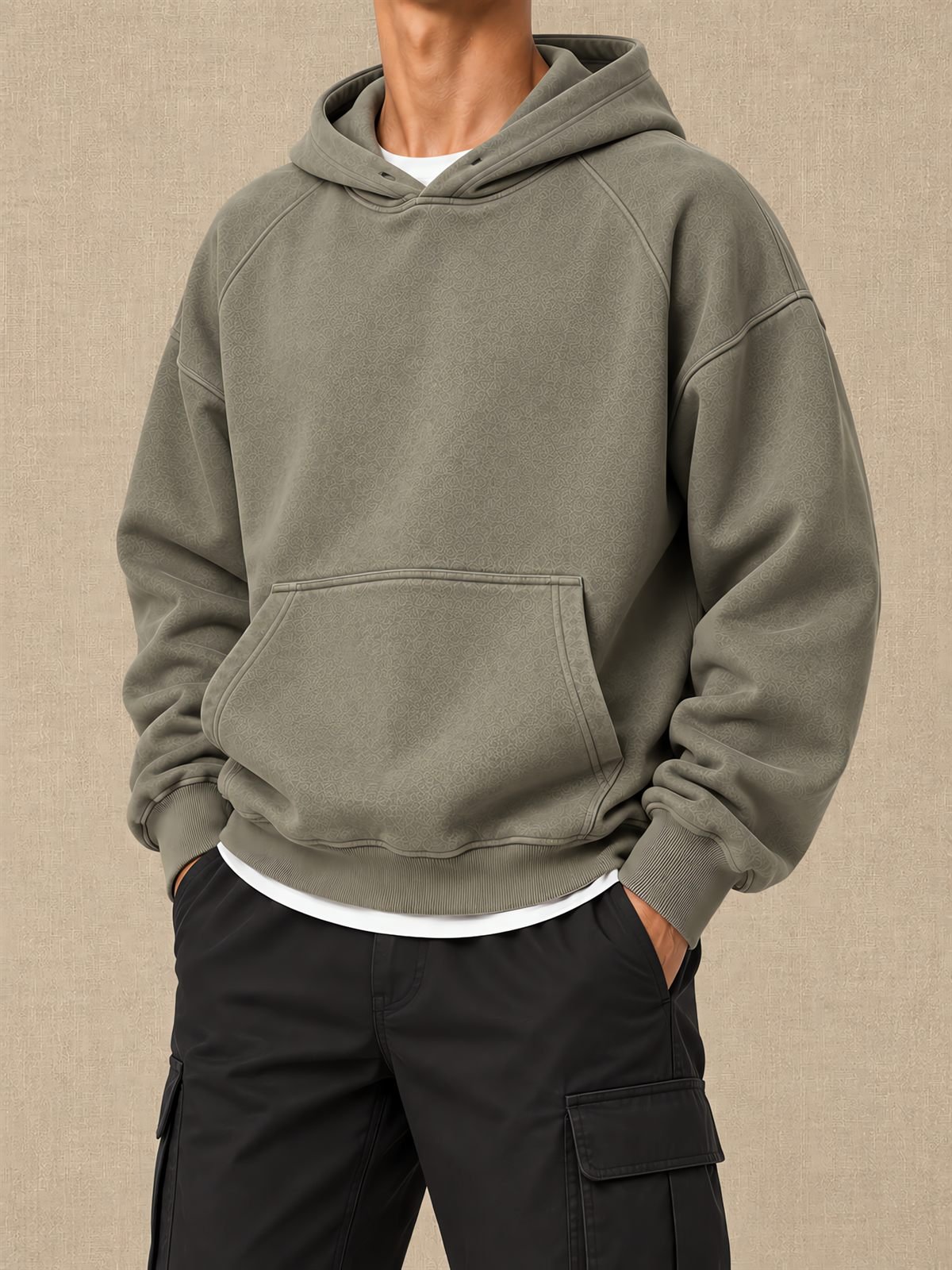 Raglan Pullover Hoodie in sage — worn on model