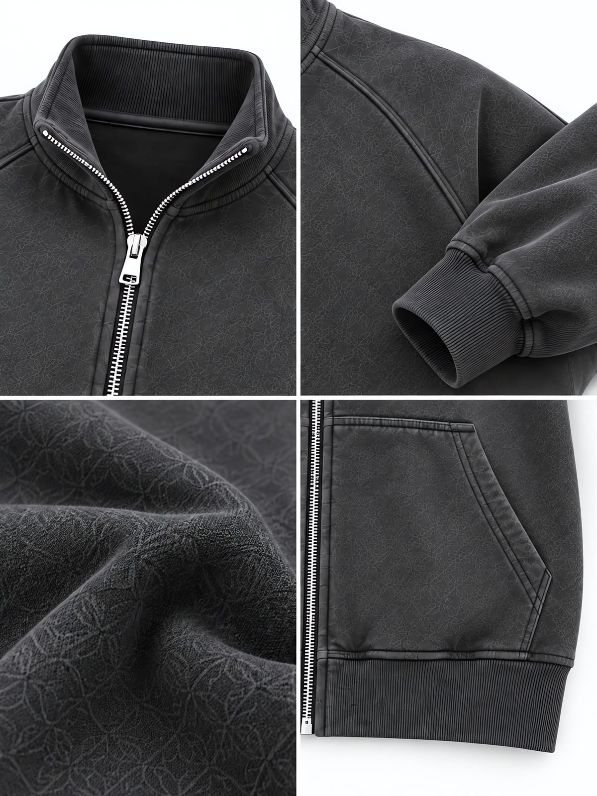 Raglan Zip Sweatshirt in washed charcoal — fabric and construction detail