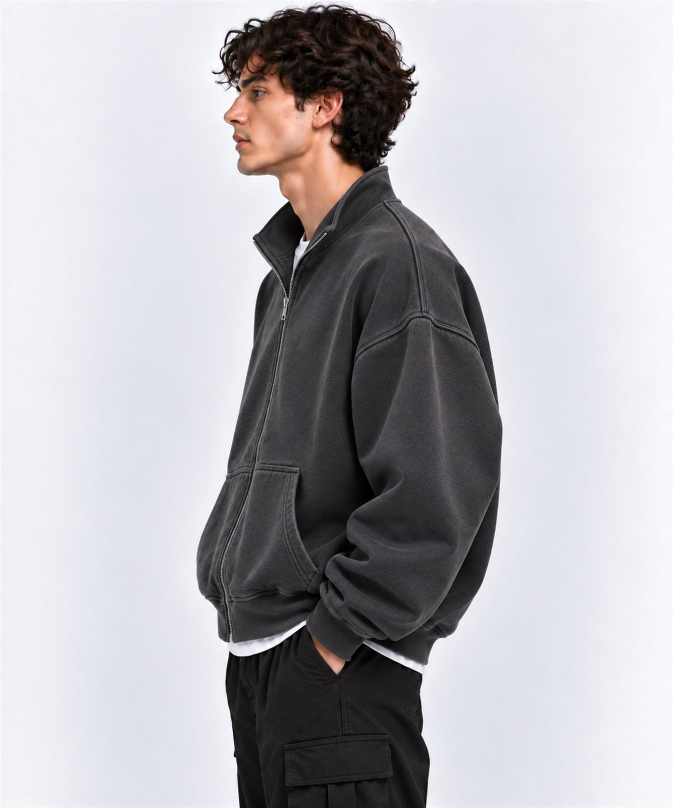 Lifestyle illustration of a raglan zip sweatshirt design in washed charcoal