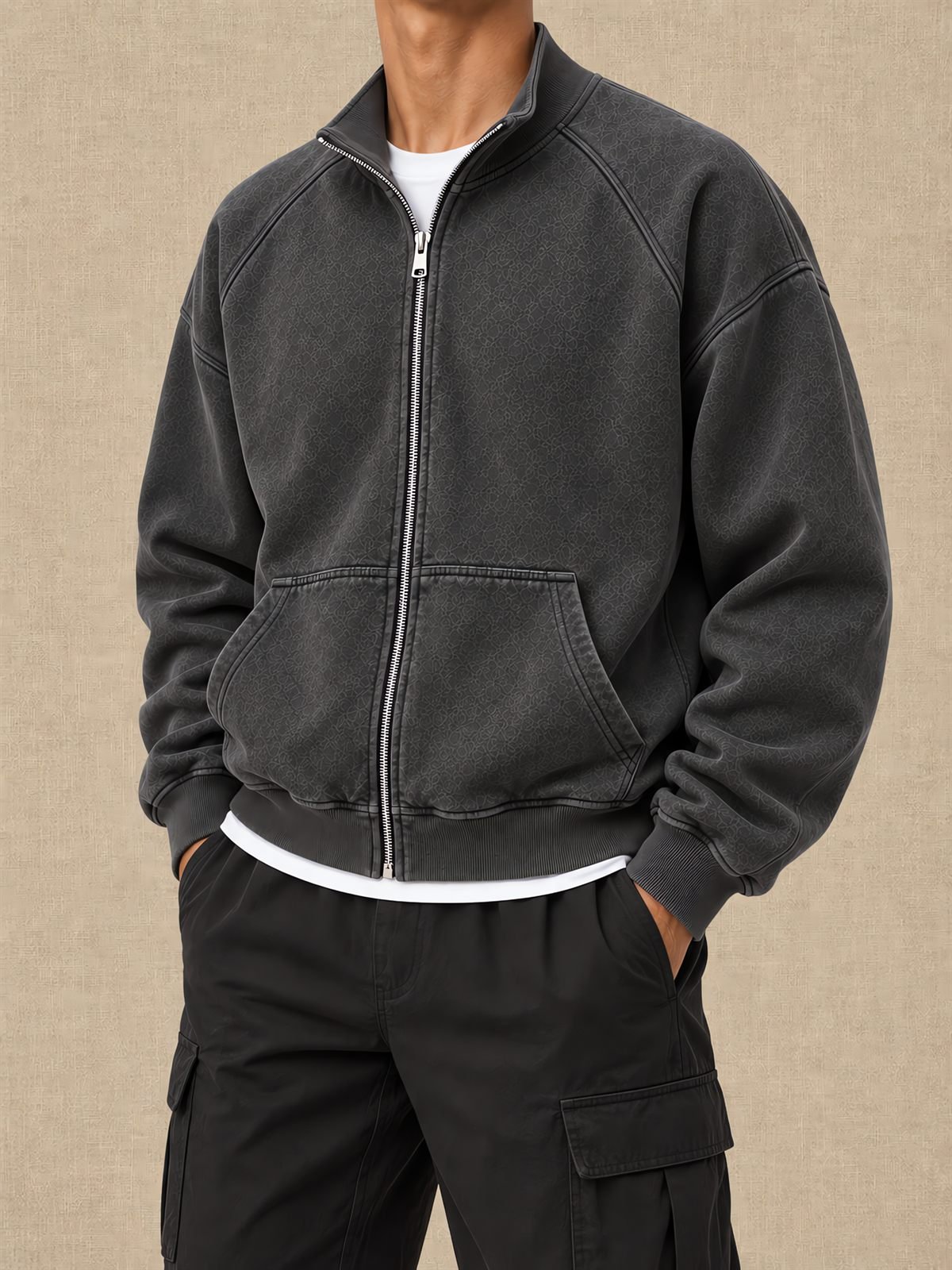 Raglan Zip Sweatshirt in washed charcoal — worn on model