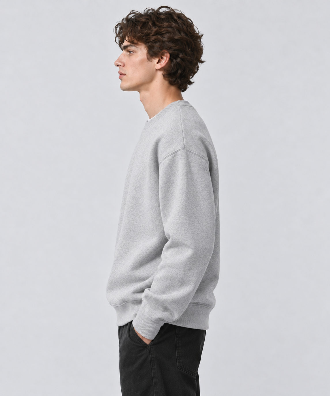 Lifestyle illustration of a regular-fit cotton crewneck sweatshirt design in heather grey