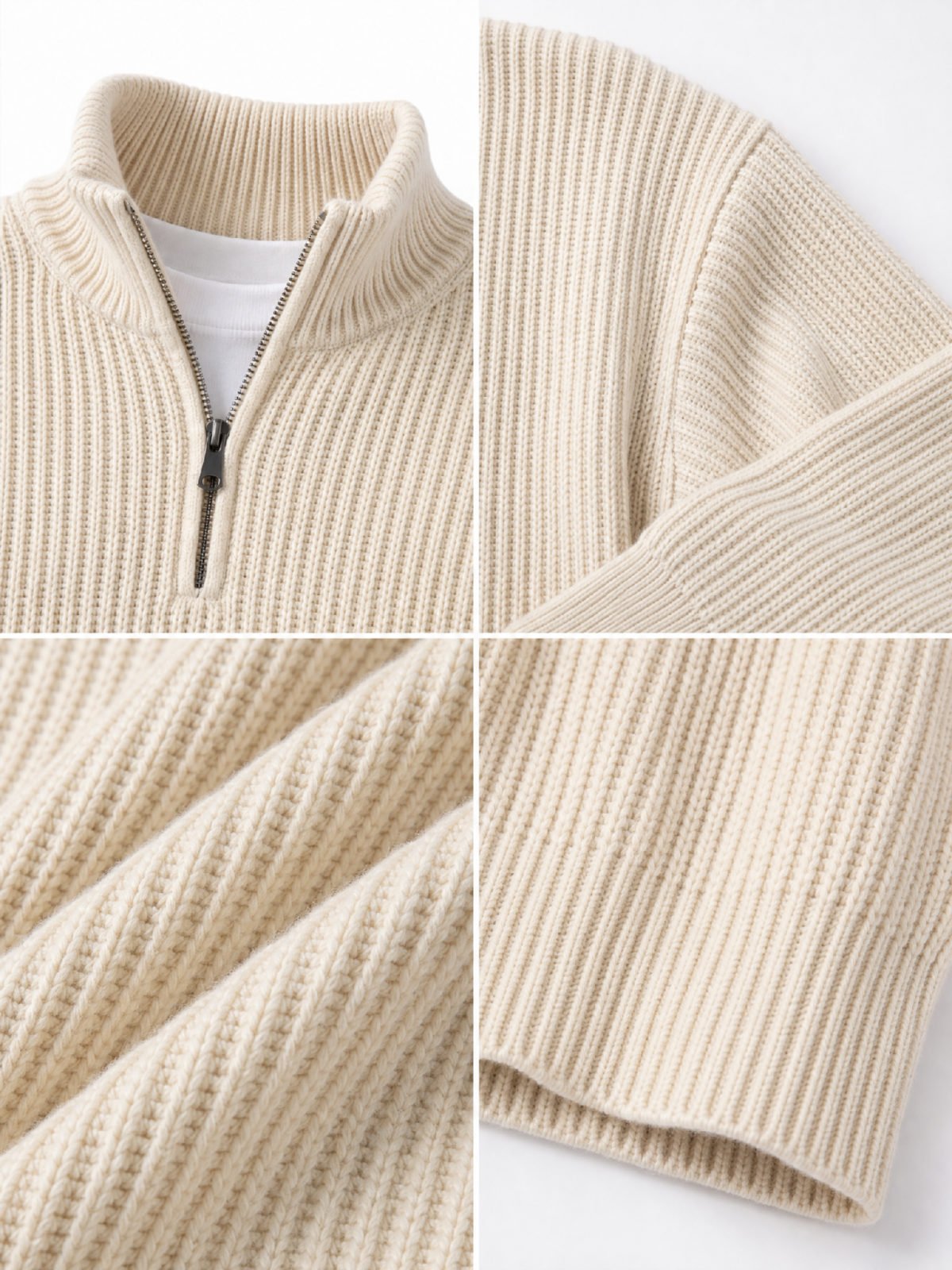 Ribbed Quarter-Zip Knitted Pullover in oatmeal — fabric and construction detail