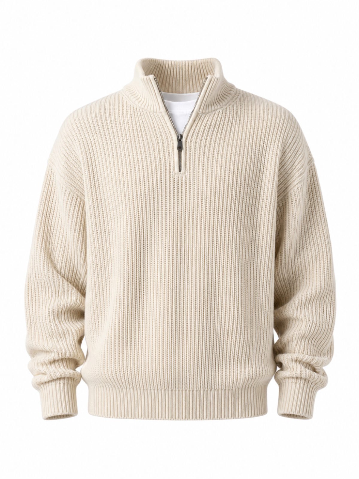 Ribbed Quarter-Zip Knitted Pullover in oatmeal — front view