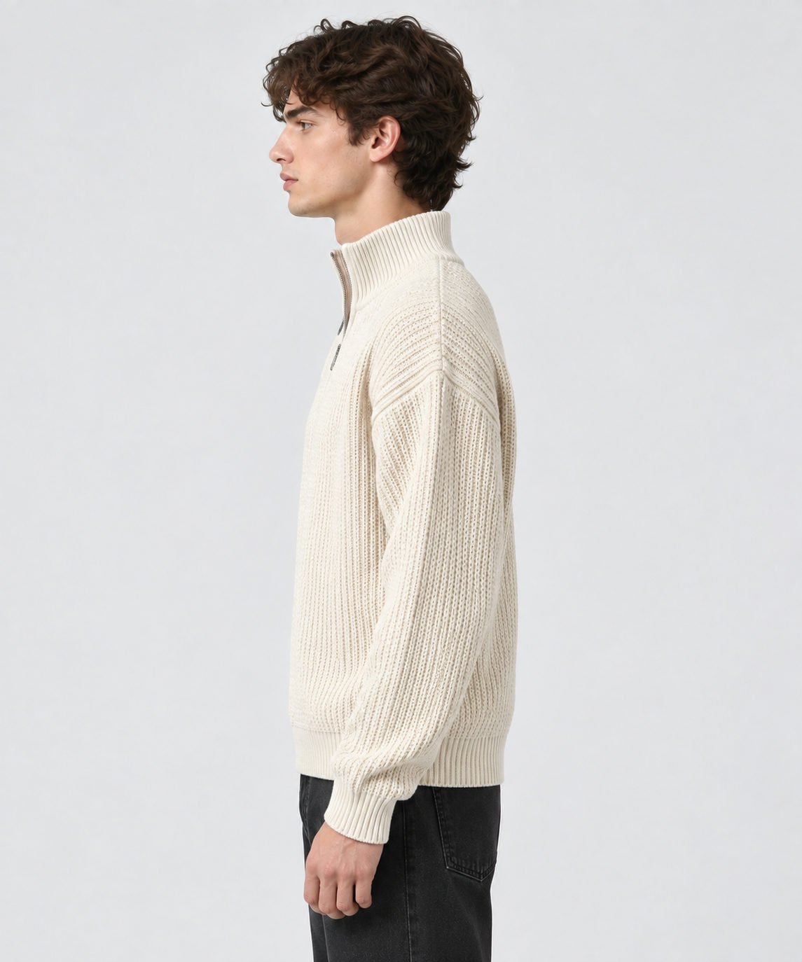 Lifestyle illustration of a ribbed quarter-zip knitted pullover design in oatmeal