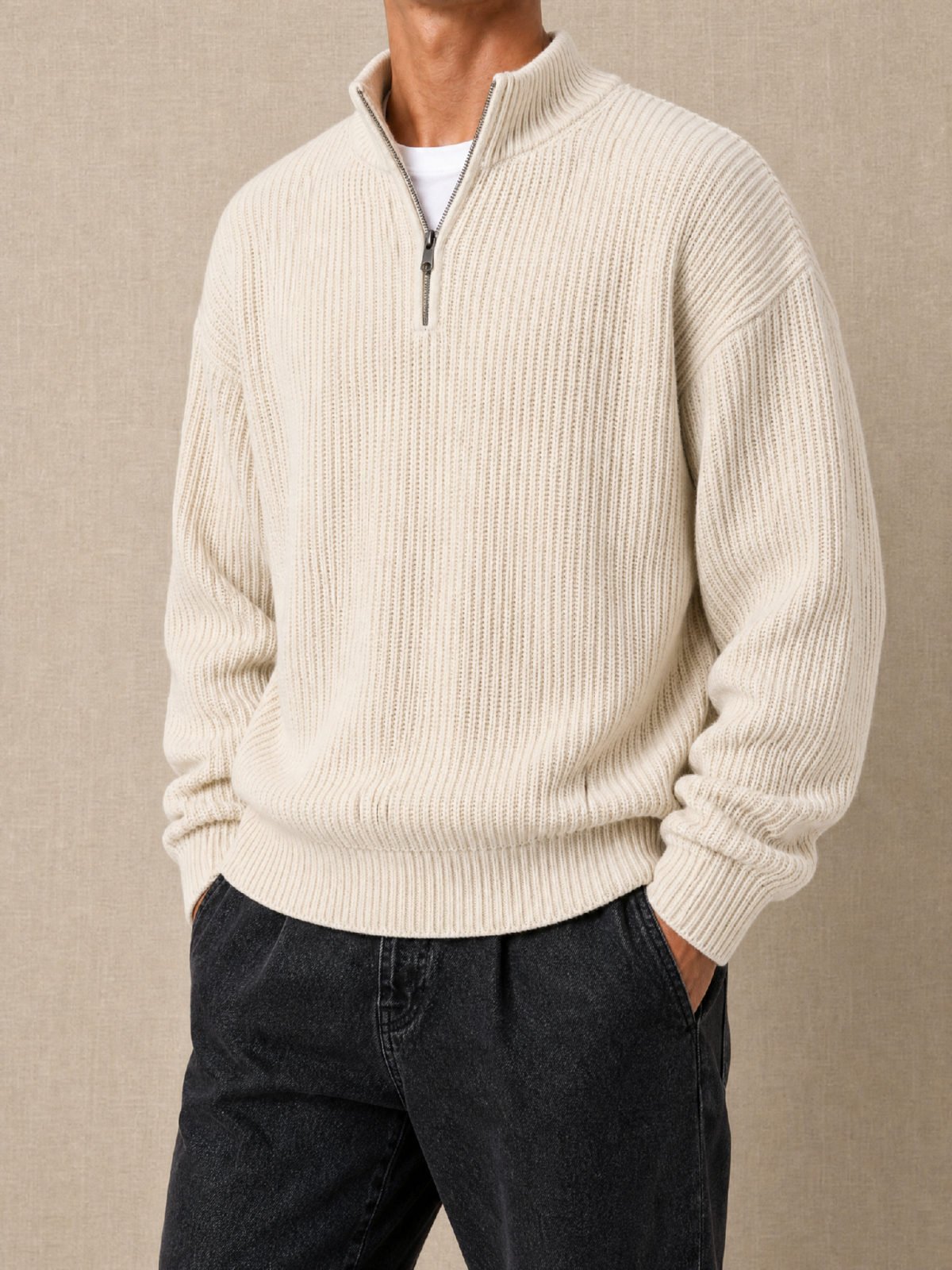 Ribbed Quarter-Zip Knitted Pullover in oatmeal — worn on model