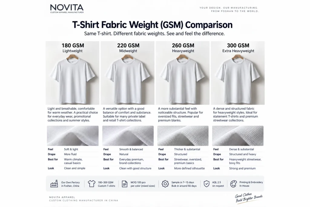 180gsm 220gsm 260gsm and 300gsm T-shirt fabric weight comparison for wholesale buyers