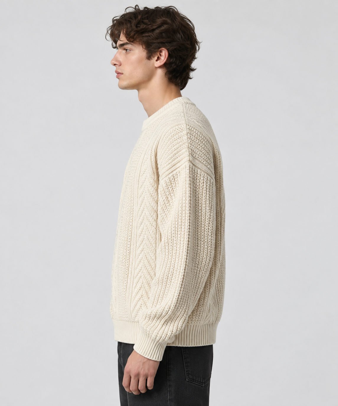 Lifestyle illustration of a textured knit crewneck sweater design in cream