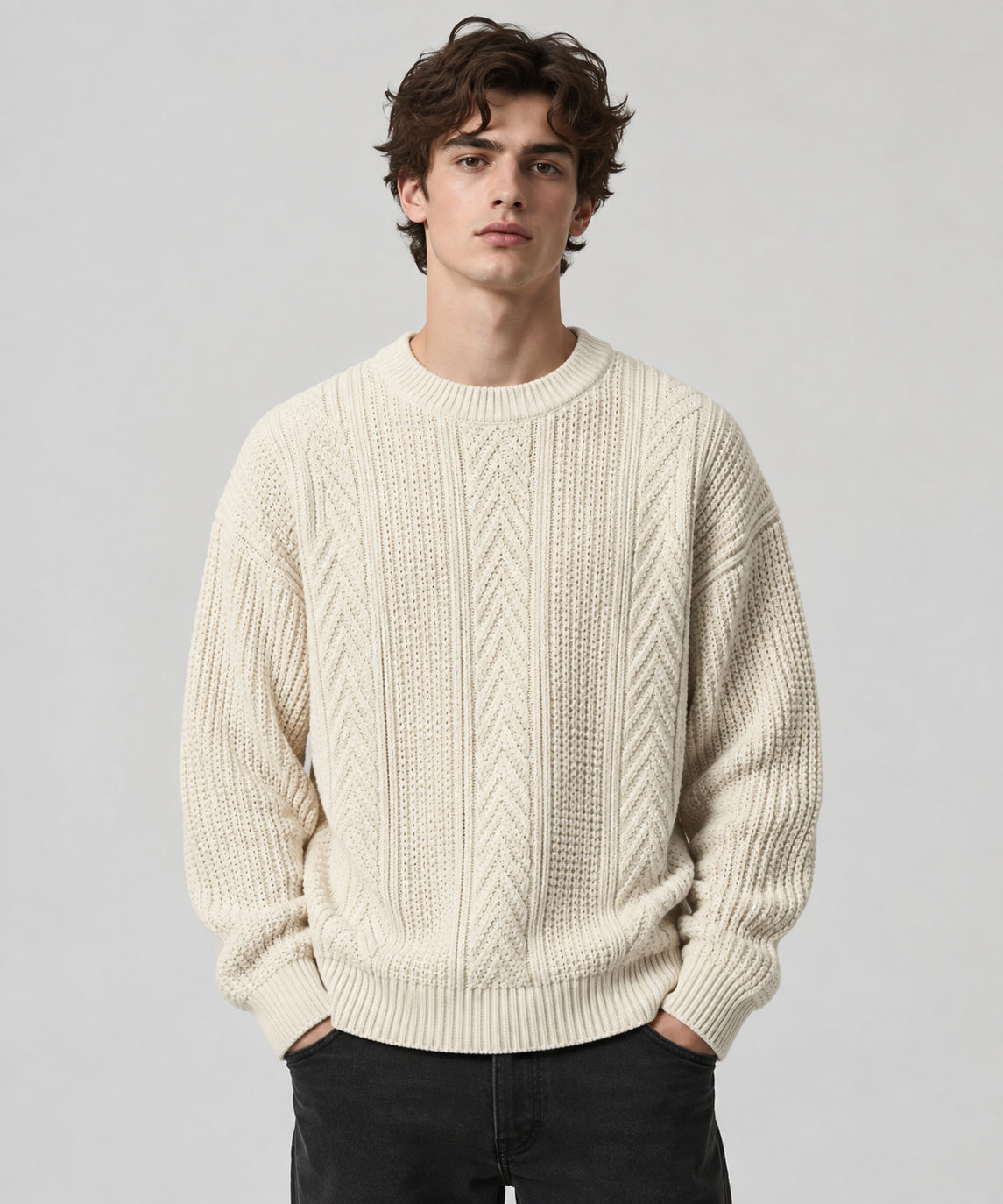 Cream Textured Knit Crewneck Sweater with Chevron Cable Texture, worn by a male model, front view