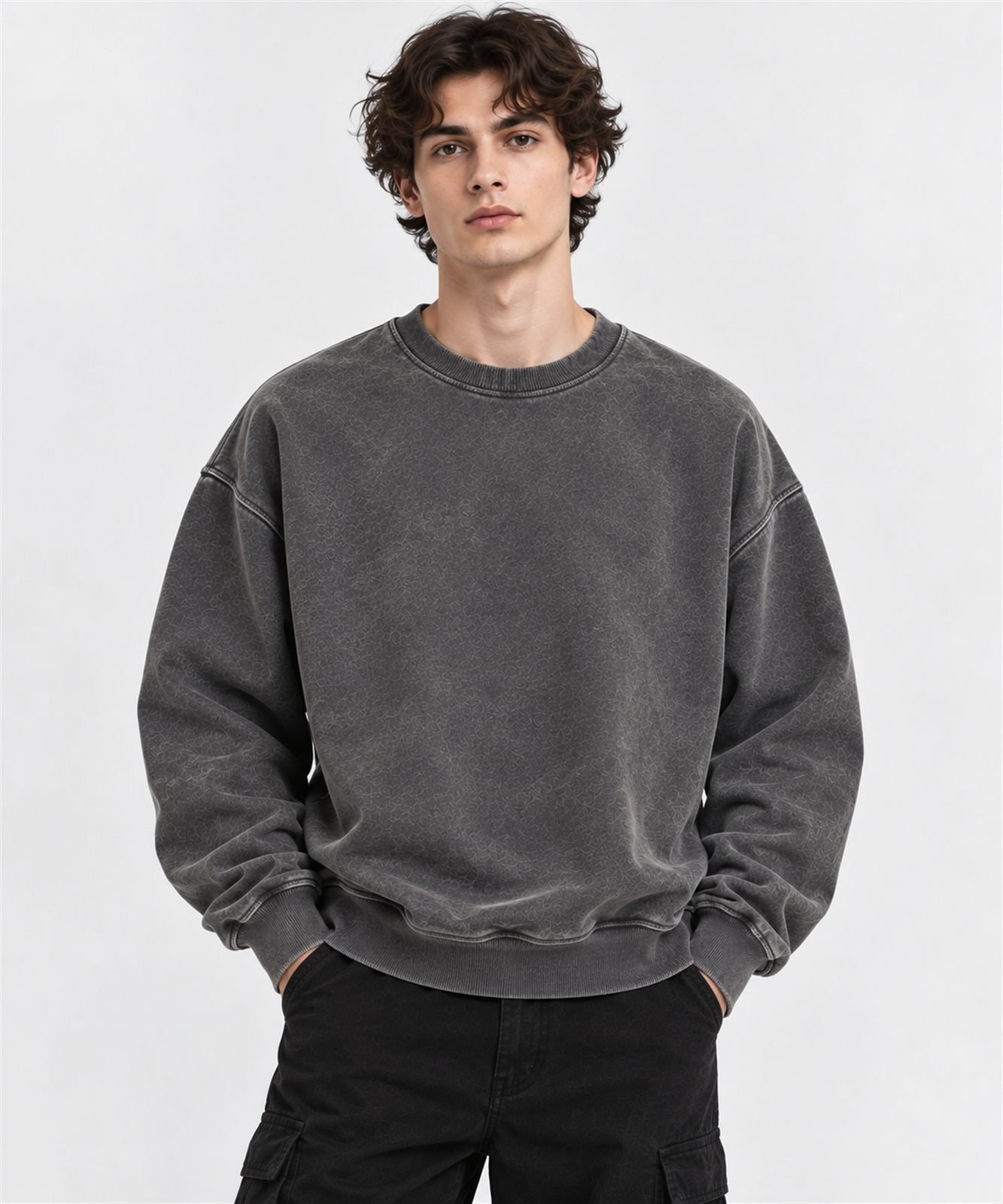 Lifestyle illustration of a washed crewneck sweatshirt design in washed charcoal