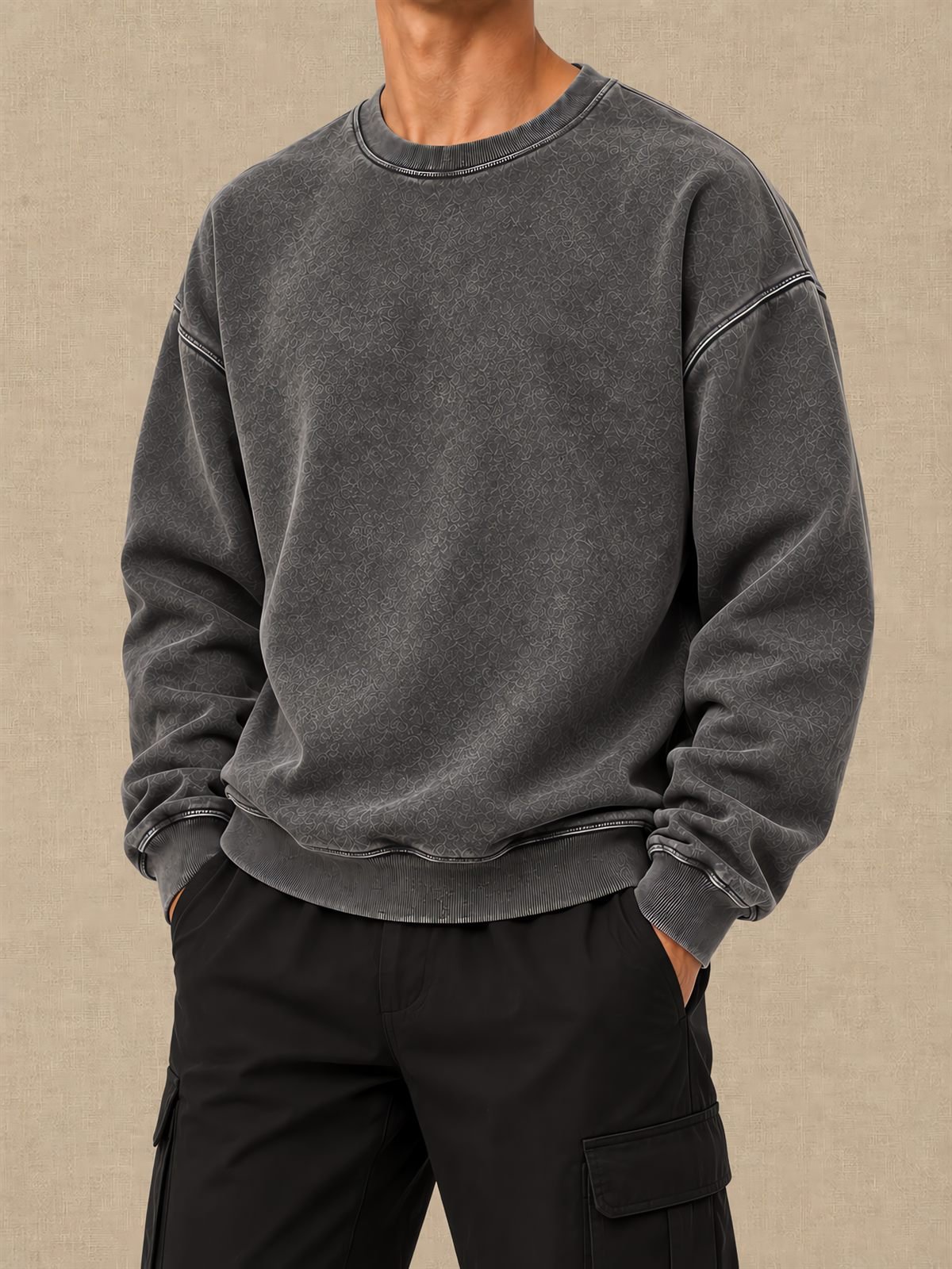 Washed Crewneck Sweatshirt in washed charcoal — worn on model