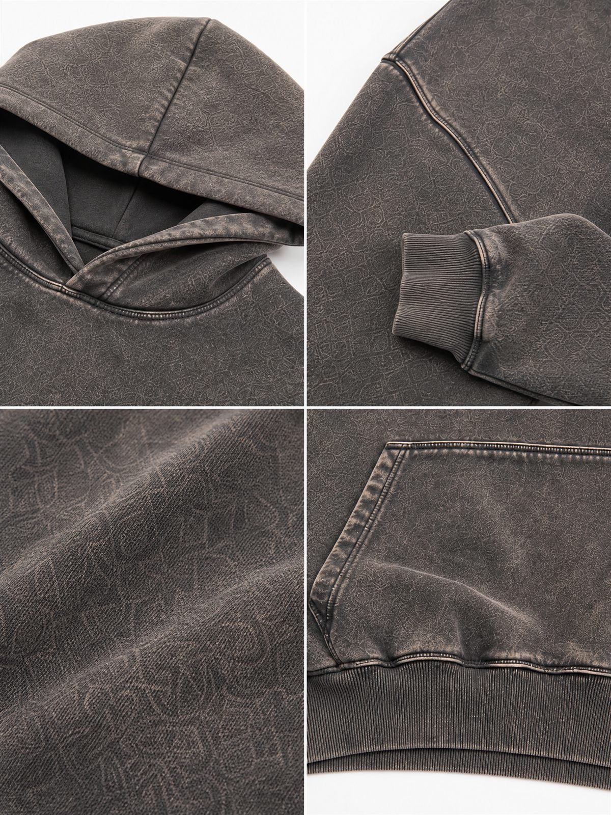 Washed Pullover Hoodie in washed brown — fabric and construction detail