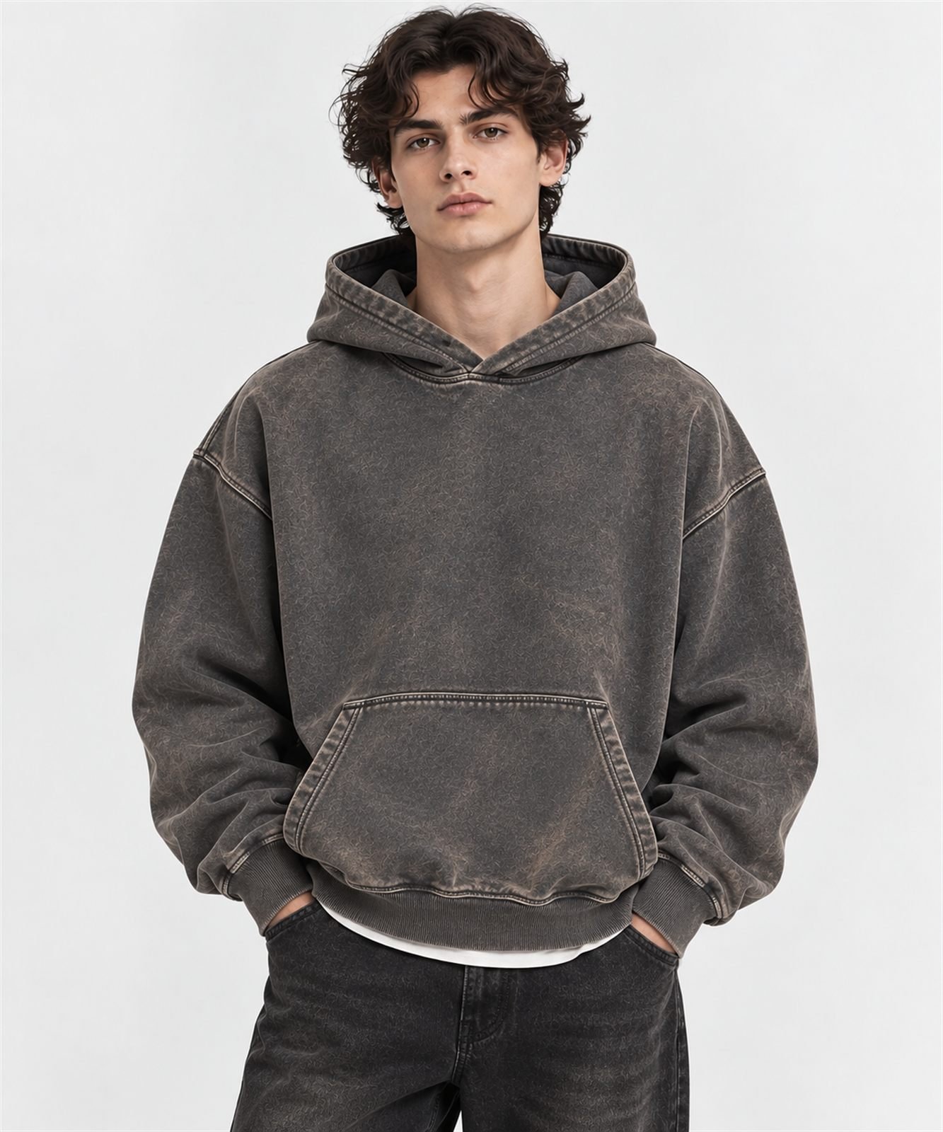 Lifestyle illustration of a washed pullover hoodie design in washed brown