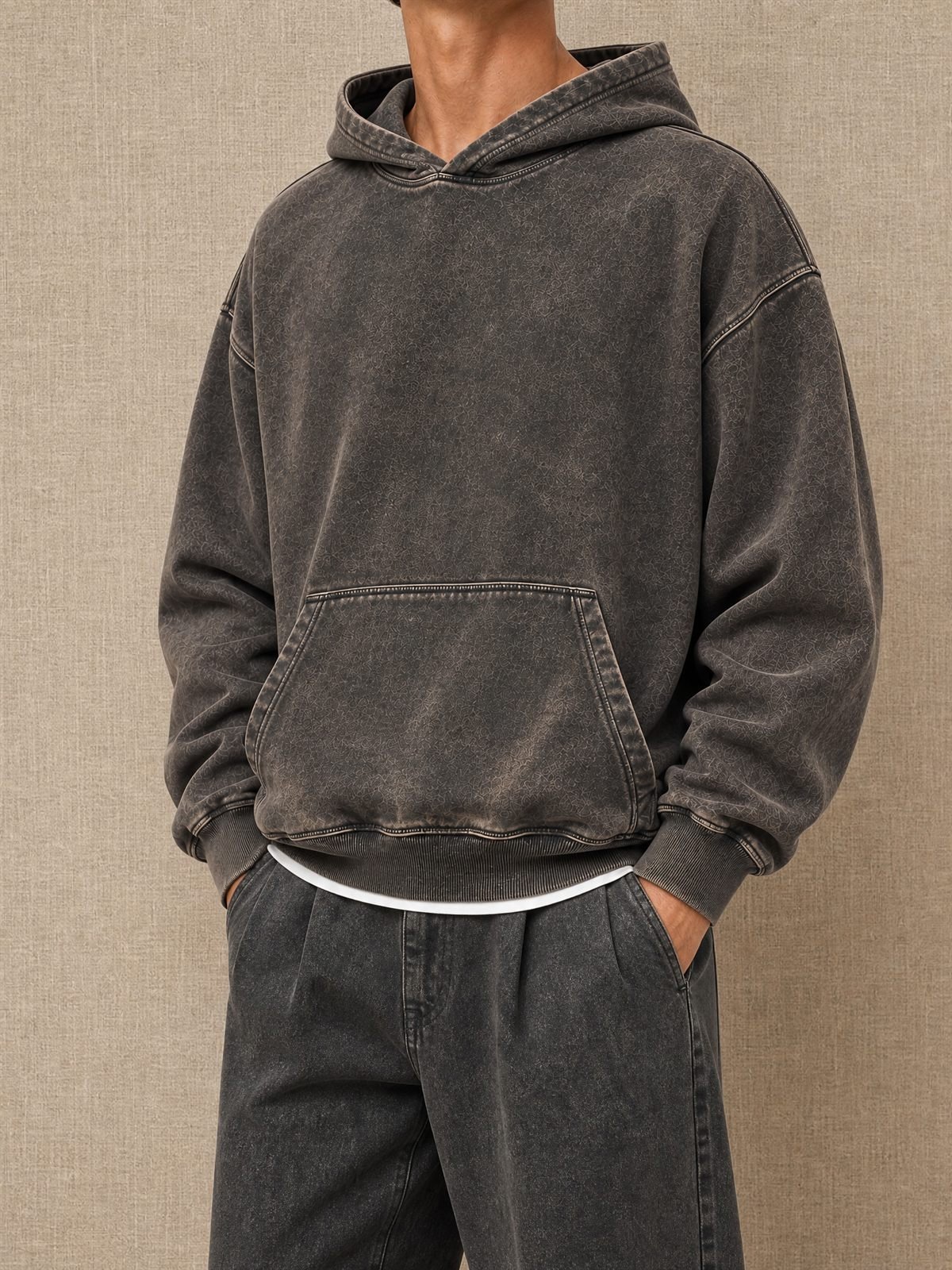 Washed Pullover Hoodie in washed brown — worn on model
