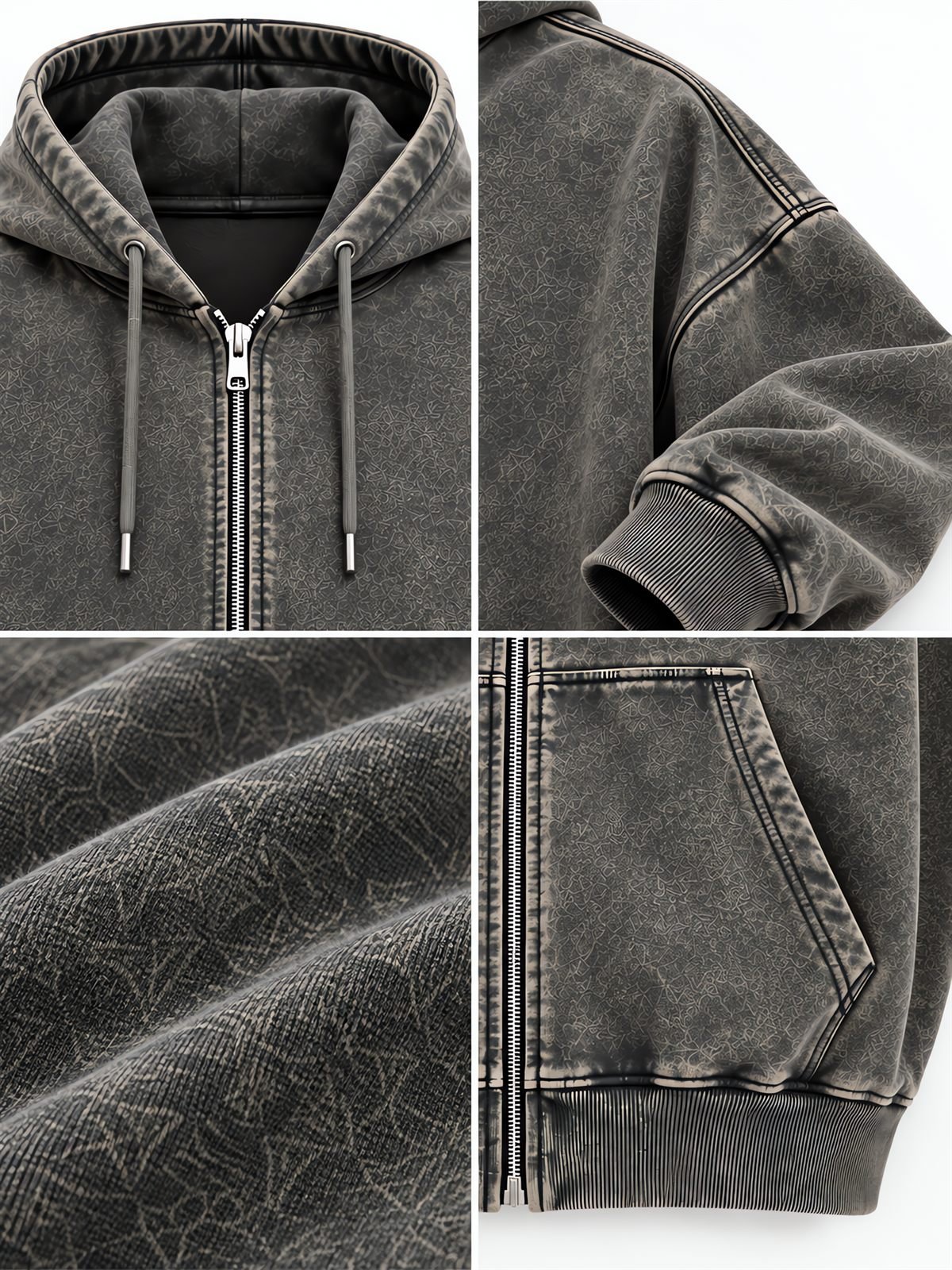 Washed Zip-Up Hoodie in acid-wash charcoal — fabric and construction detail