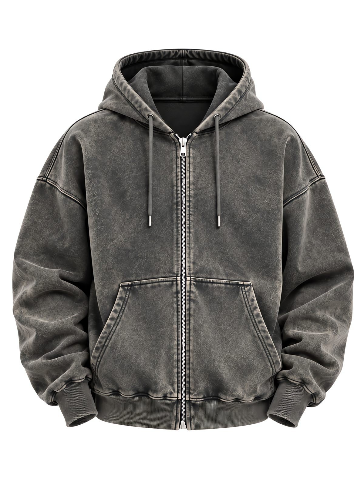 Washed Zip-Up Hoodie in acid-wash charcoal — flat-lay front view