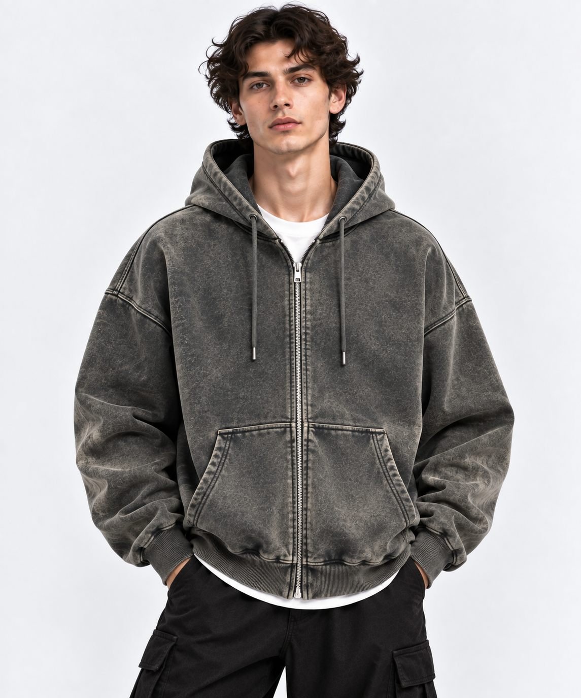 Lifestyle illustration of a washed zip-up hoodie design in acid-wash charcoal