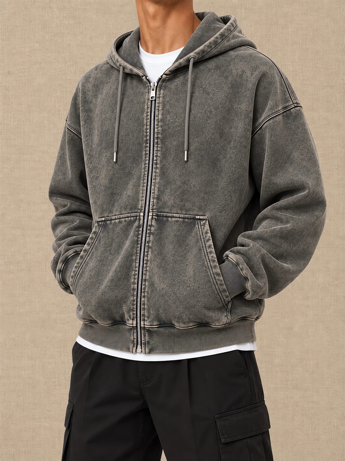 Washed Zip-Up Hoodie in acid-wash charcoal — worn on model